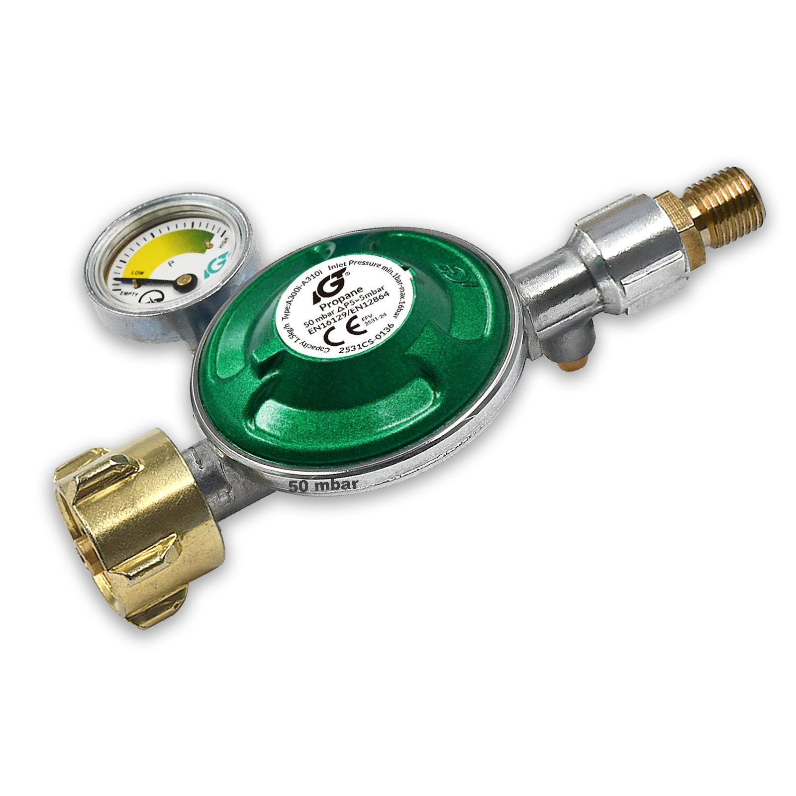 IGT Druckminderer Gas 50 mbar Gasdruckminderer Gasdruckregler für Propangas, mit 360° Manometer