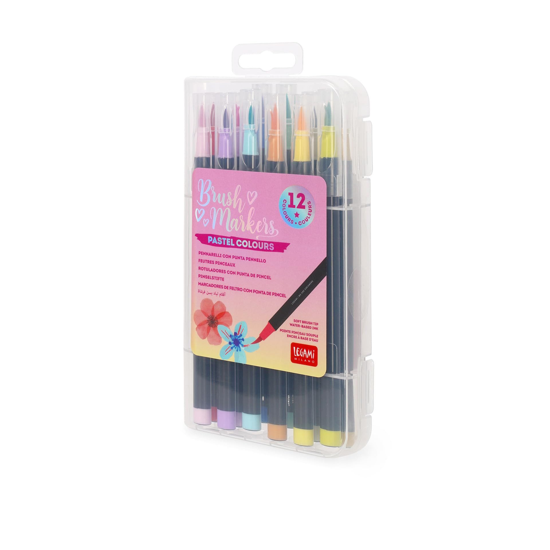 Legami Filzstift Set mit 12 Filzstiften mit flexibler Pinselspitze aus Nylonfaser, Pastellfarben, flüssige Striche, variable Breiten, 1 cm Durchmesser