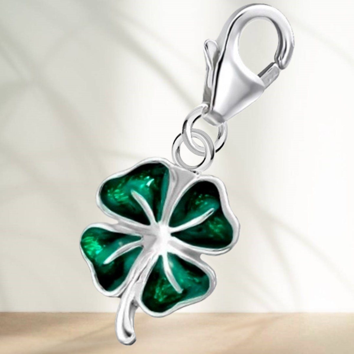 Goldene Hufeisen Charm Blume Kleeblatt Karabiner Charm Anhänger aus 925 Sterling-Silber mit Emaille, Rhodiniert – Bild 4 von 4