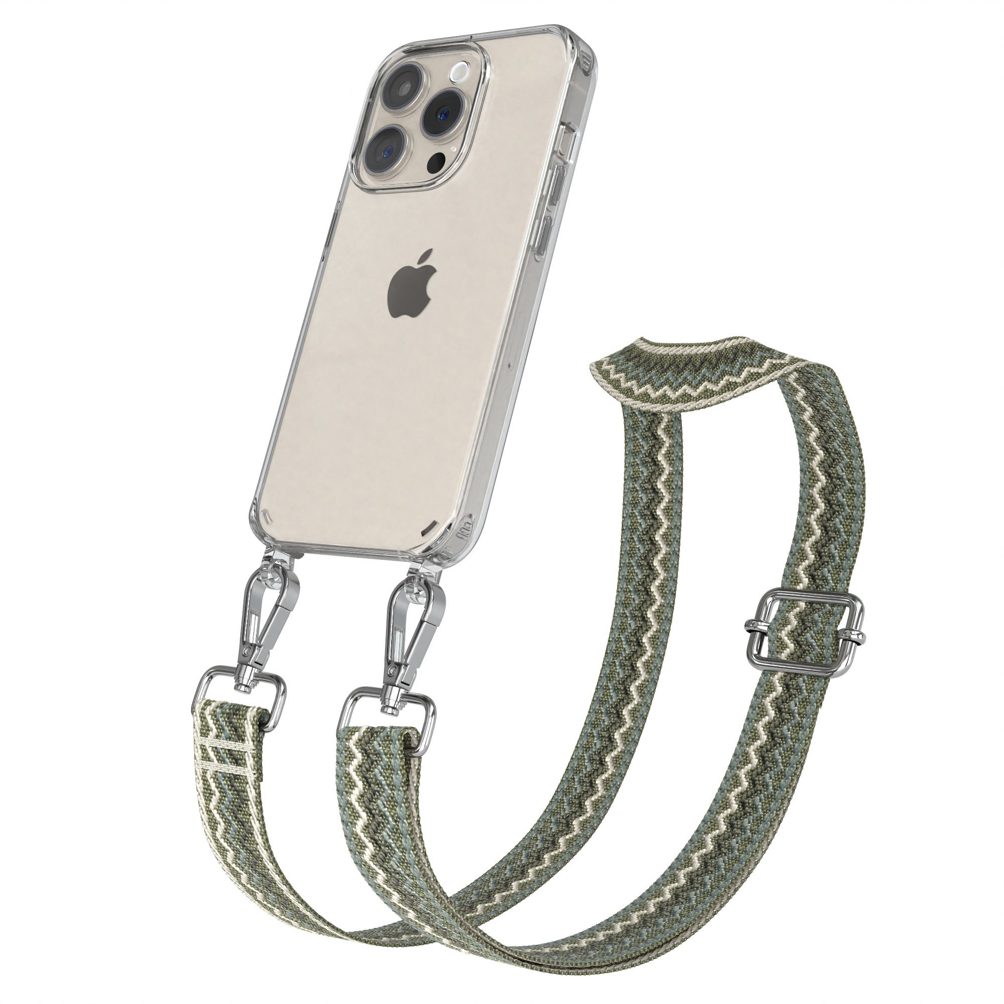 EAZY CASE Handykette Silikonhülle mit Kette für Apple iPhone 15 Pro 6,1 Zoll, Verstellbarer Trageriemen Wave Case transparent DIY Gürteltasche Grün