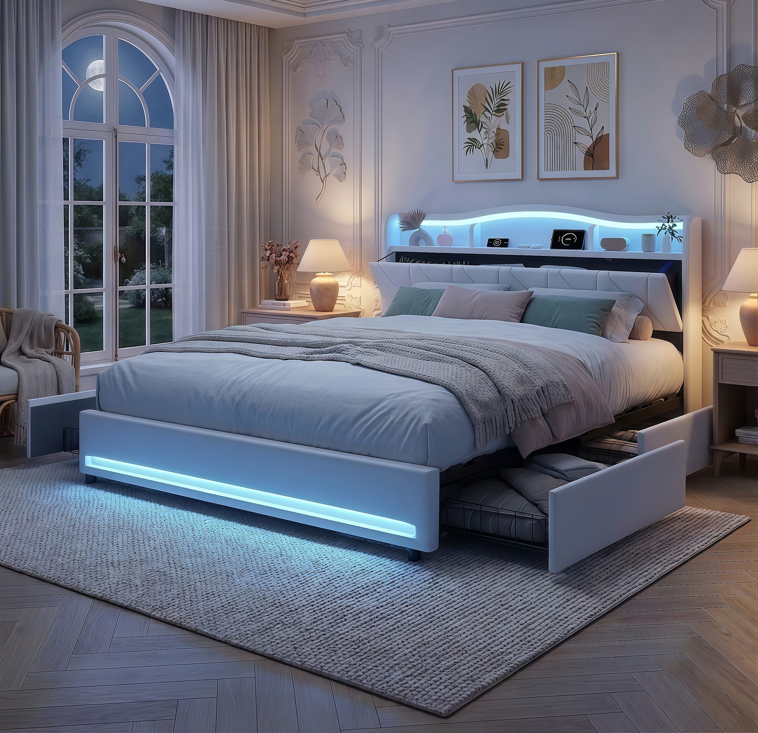 ADWOLT Stauraumbett Polsterbett Doppelbett Mit Schubladen (Packung, 1-tlg), 160x200 cm,Mit LED-Licht und USB,4 Schubladen,Samt - Beige
