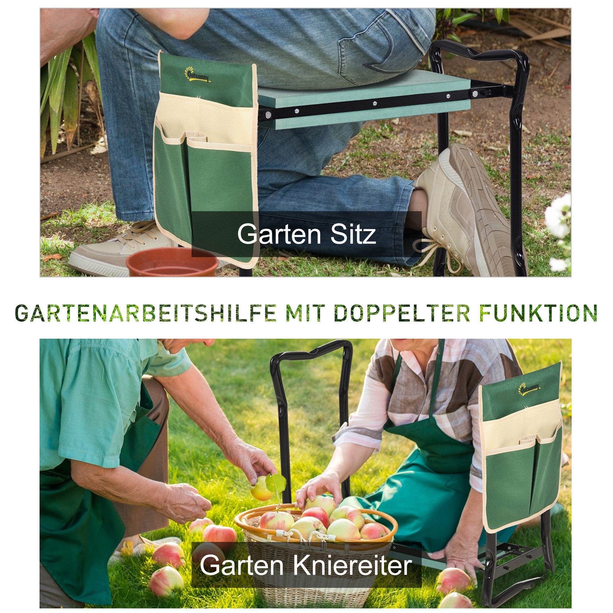 Outsunny Arbeitshocker klappbar mit Kniekissen, Werkzeugtaschen, belastbar bis 150 kg (Gartenhocker, 1 St., Kniebank), für Garten, Balkon, Grün – Bild 4 von 5