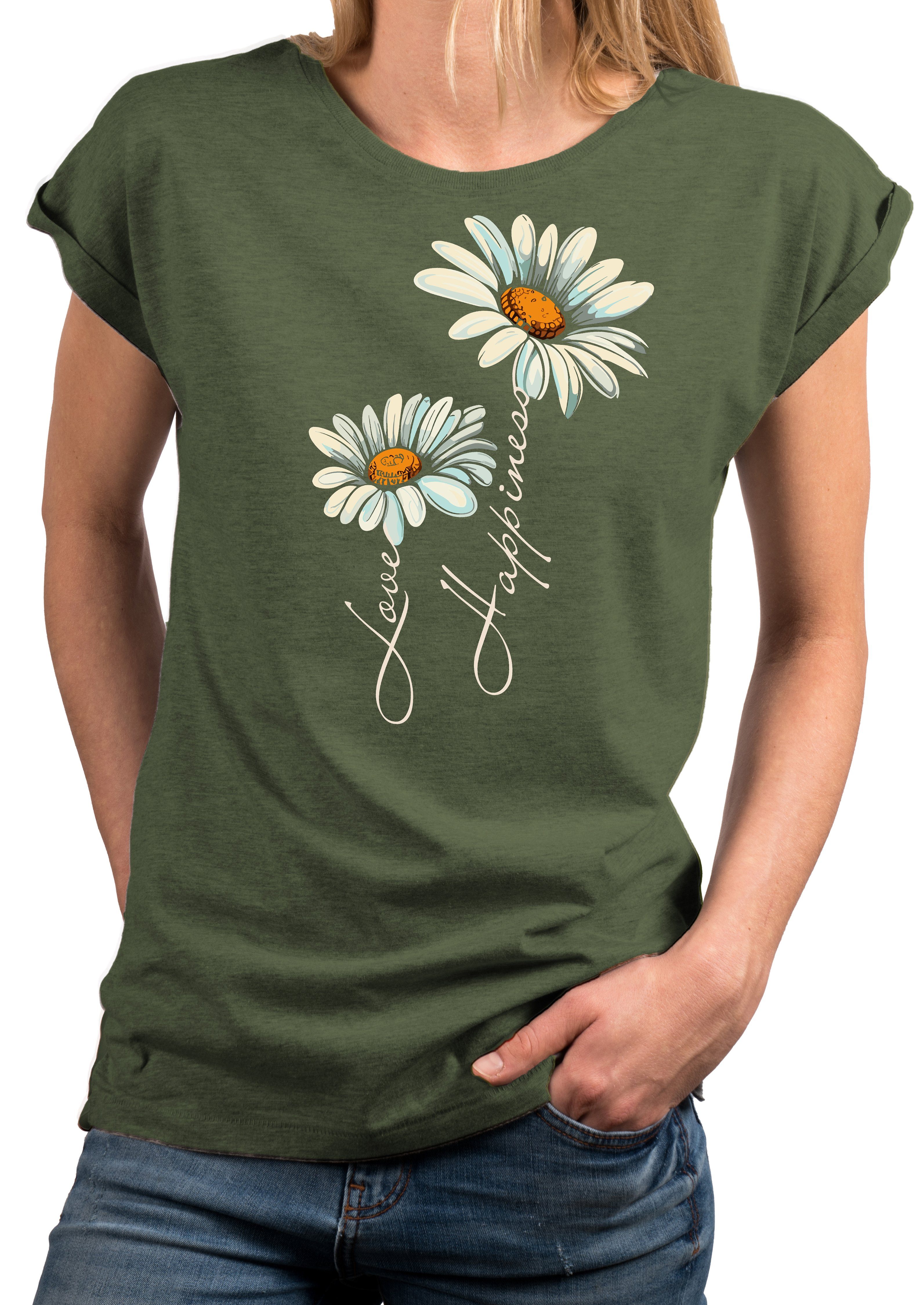 MAKAYA Print-Shirt Damen Kurzarm Top Blumen Gänseblümchen floral Blumenmuster Blümchenprint