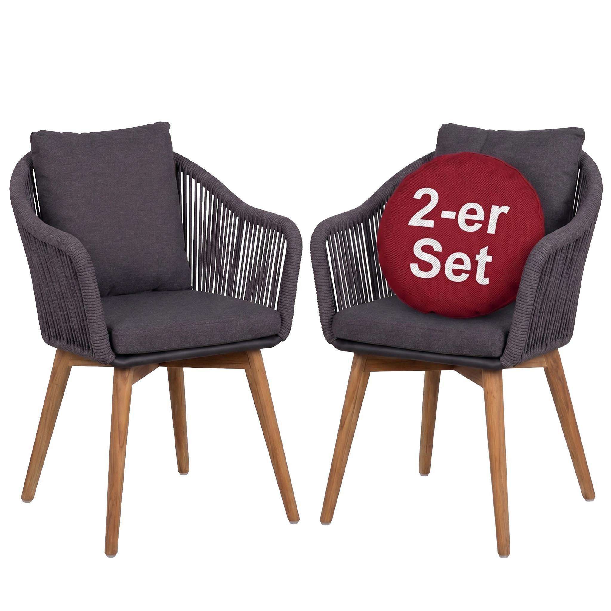 MR.DEKO Gartenstuhl 2er Set Solana, Rope Geflecht Gartensessel ink. Kissen in Grau (2er Set Relaxsessel für Garten, Terrasse und Balkon, 2 St), Rope-Geflecht, Aluminium, Teakholz, wetterfest, inkl. Kissen