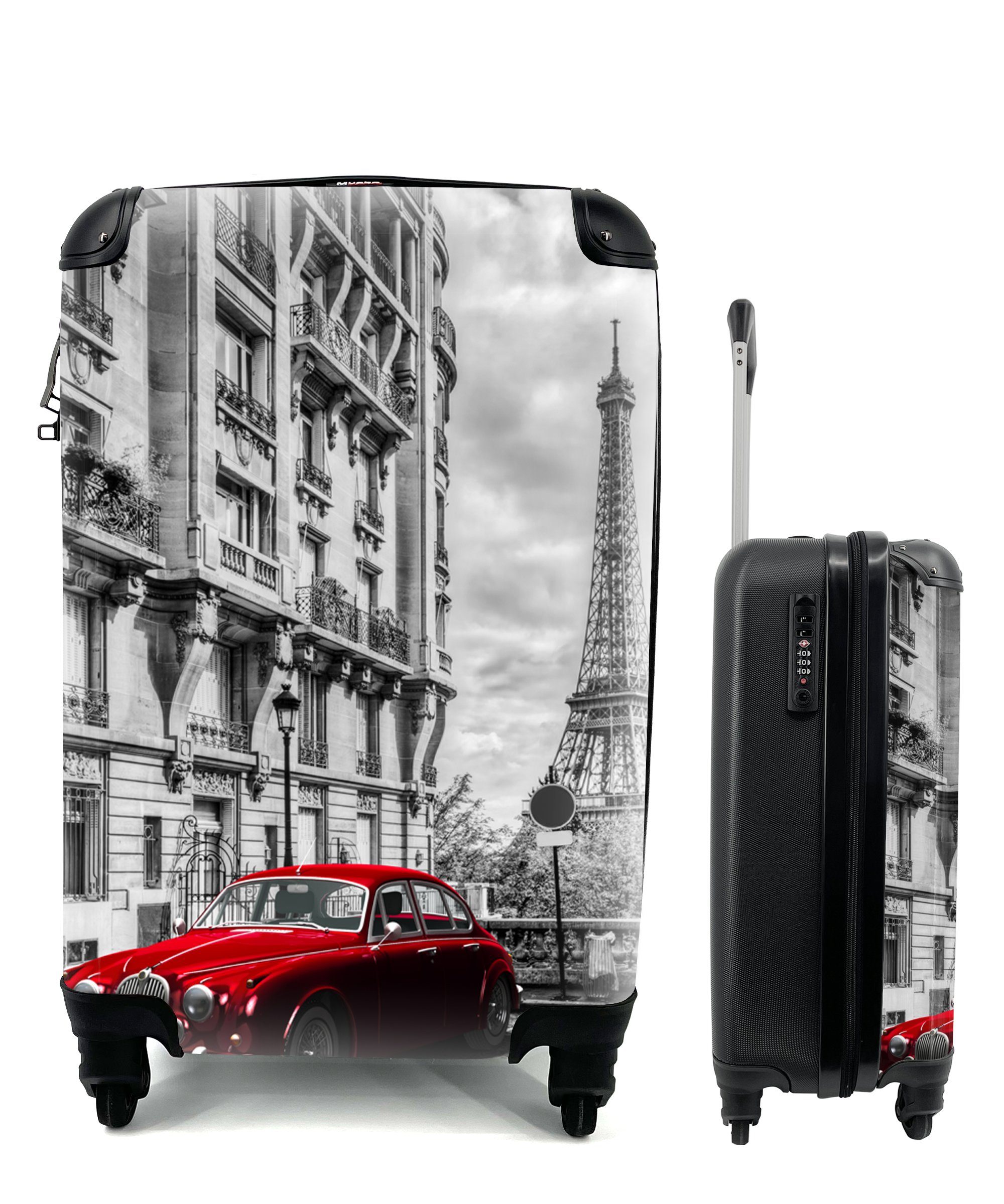 MuchoWow Handgepäckkoffer Eiffelturm - Schwarz - Weiß - Auto, 4 Rollen, Reisetasche mit rollen, Handgepäck für Ferien, Trolley, Reisekoffer