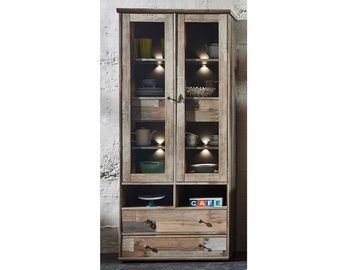 möbelando Wohnwand Britta, Wohnwand aus Spanplatte foliert in Driftwood Nachbildung bestehend aus 1x Vitrine, 1x Highboard, 1x TV-Lowboard und 1x Wandboard, Griffe aus Zinkdruckguss in Antik-Optik, inkl LED-Beleuchtung in neutralweiß. Stellmaß ca. Breite 342 cm, Höhe 189 cm, Tiefe 52 cm.