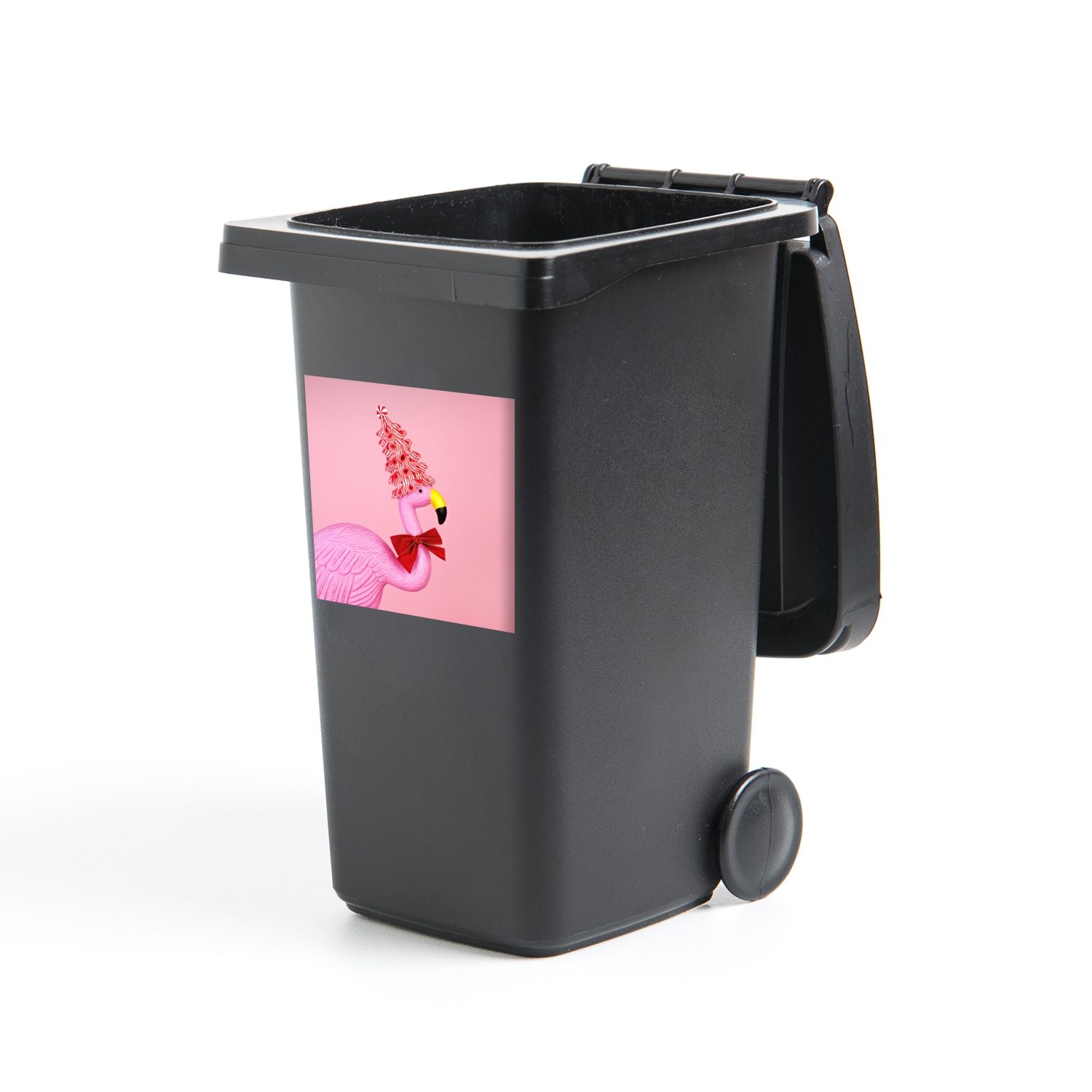 MuchoWow Wandsticker Rosa Plastikflamingo mit Süßigkeiten auf dem Kopf (1 St), Mülleimer-aufkleber, Mülltonne, Sticker, Container, Abfalbehälter