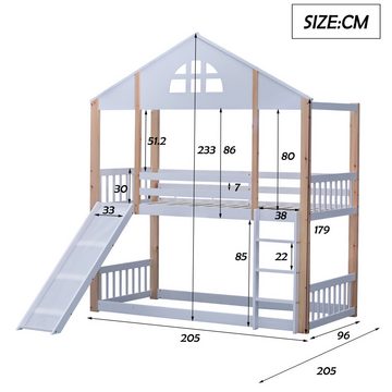 IDEASY Jugendbett Etagenbett für Kinder, Bettgestell aus Holz,mit Rutsche , (Kiefer+MDF), drei Stufen, Dachform, ohne Dekoration und Matratze, 90x200cm