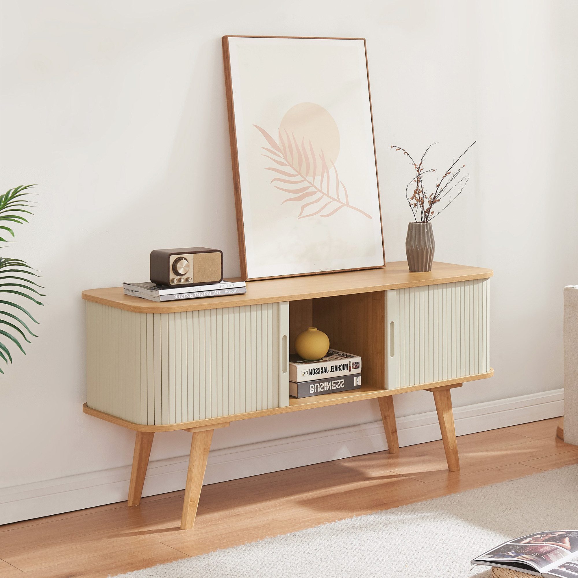 en.casa TV-Schrank »Tysvær« mit 2 Schiebetüren 120 x 40 x 58 cm Bambus/Crem günstig online kaufen