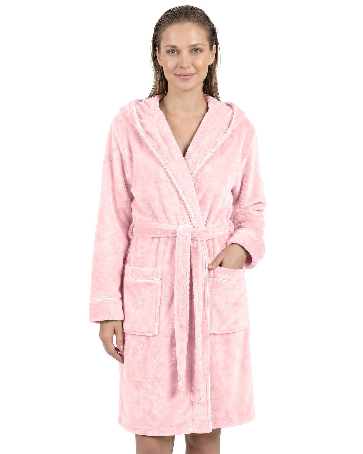Gräfenstayn Damenbademantel Bademantel Damen flauschig Kapuze Kuschelfleece leicht kurz, warm & kuschelig, Knielang, Fronttaschen, Gürtel, S-XXL