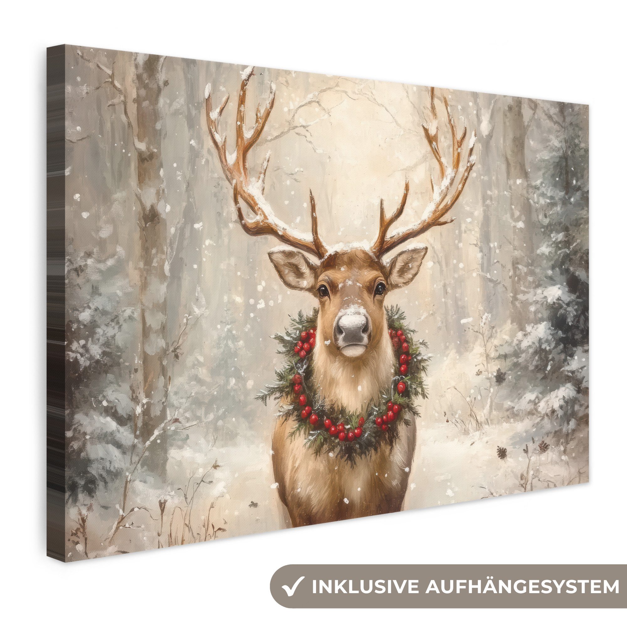 OneMillionCanvasses® Leinwandbild Weihnachten - Rentier - Winter - Kranz, Fotodruck (1 St), Leinwand Bilder Klein, Wand Dekoration Aesthetic 30x20 cm