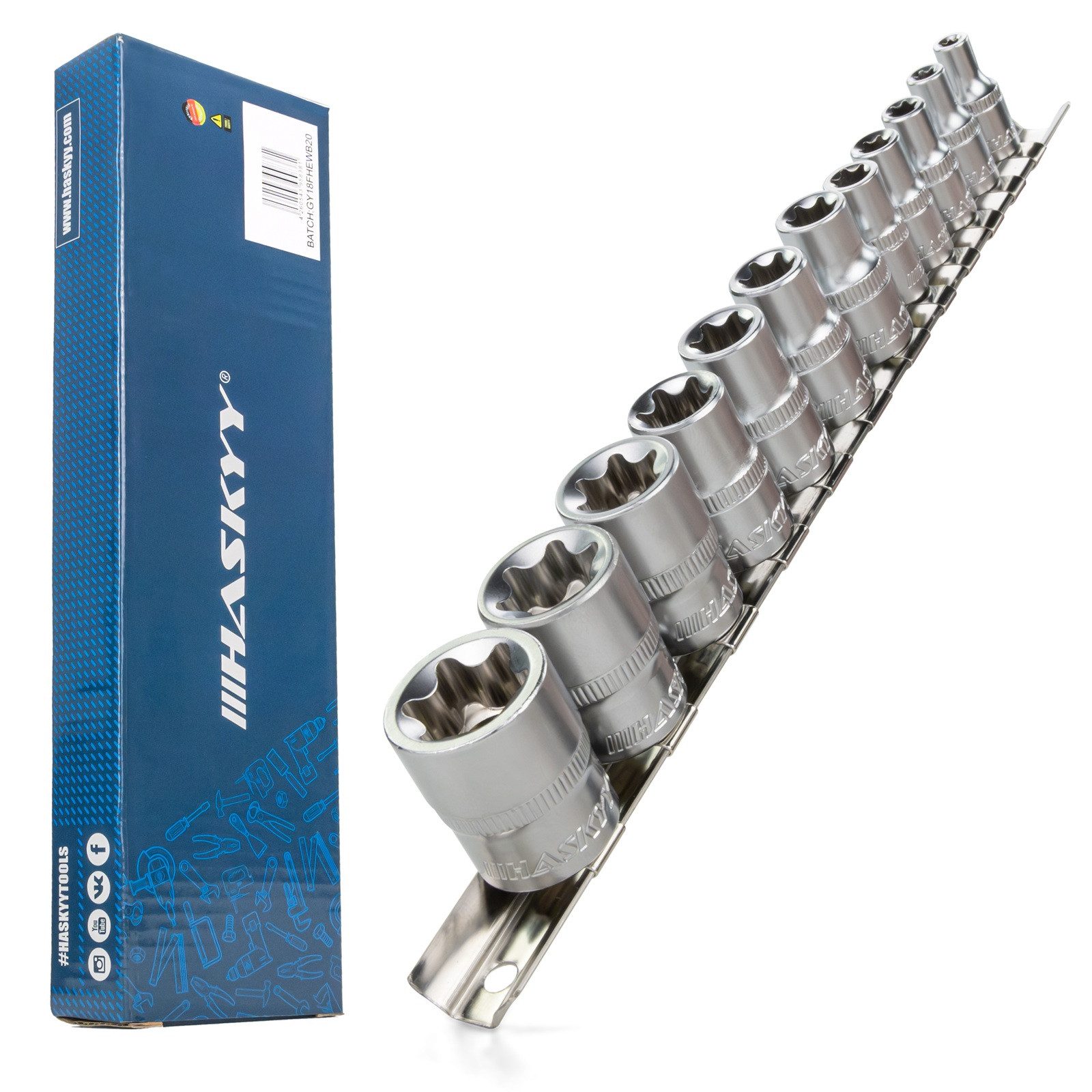 HASKYY Torxschlüssel 12 tlg. Aussen Torx Steckschlüssel Satz 1/4" & 3/8" Torxschlüssel