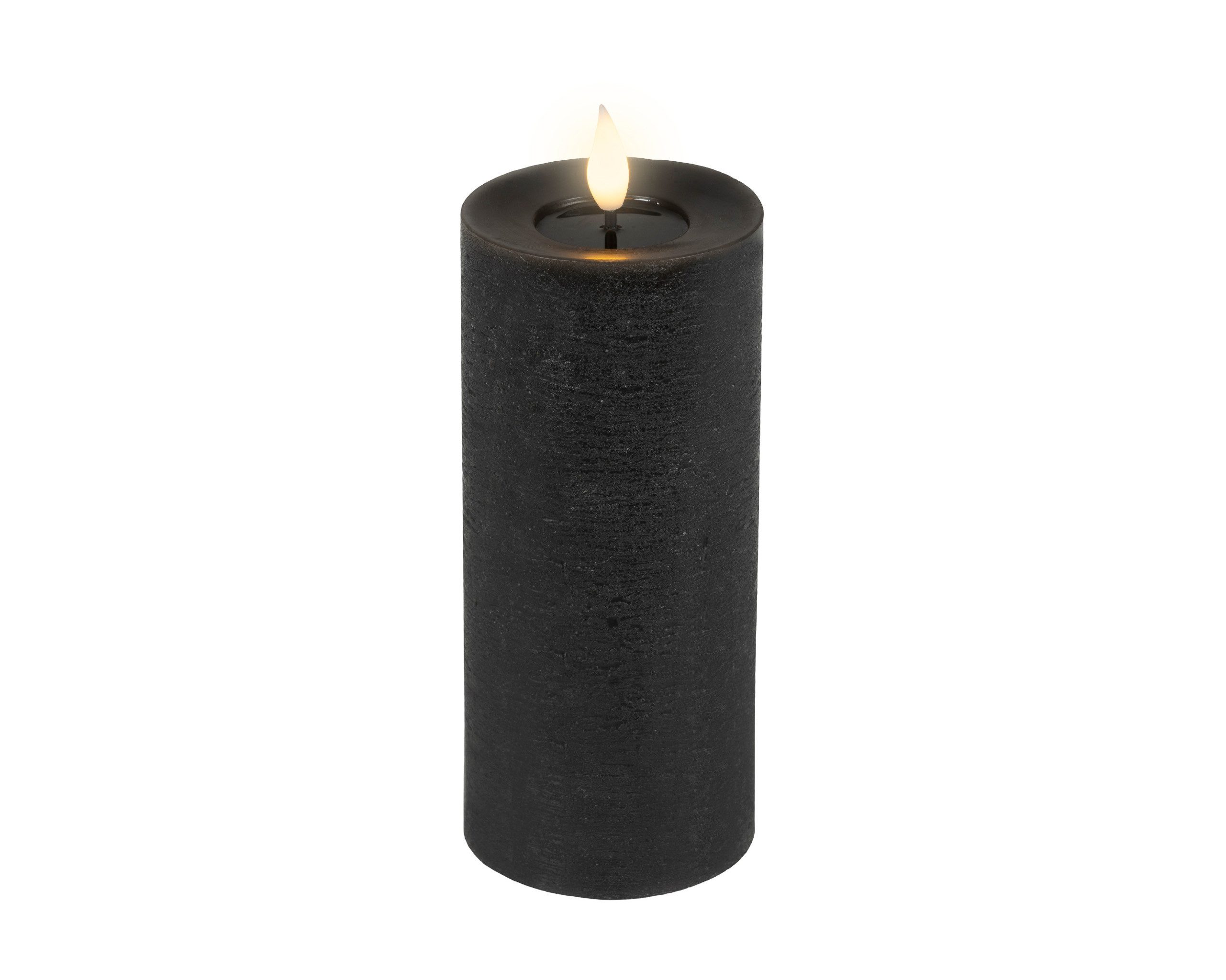Lumineo LED-Kerze, Timer, warmweiß, LED Kerze 7,5x20cm mit Timer - Wachs Flacker-Effekt Schwarz / Warmweiß