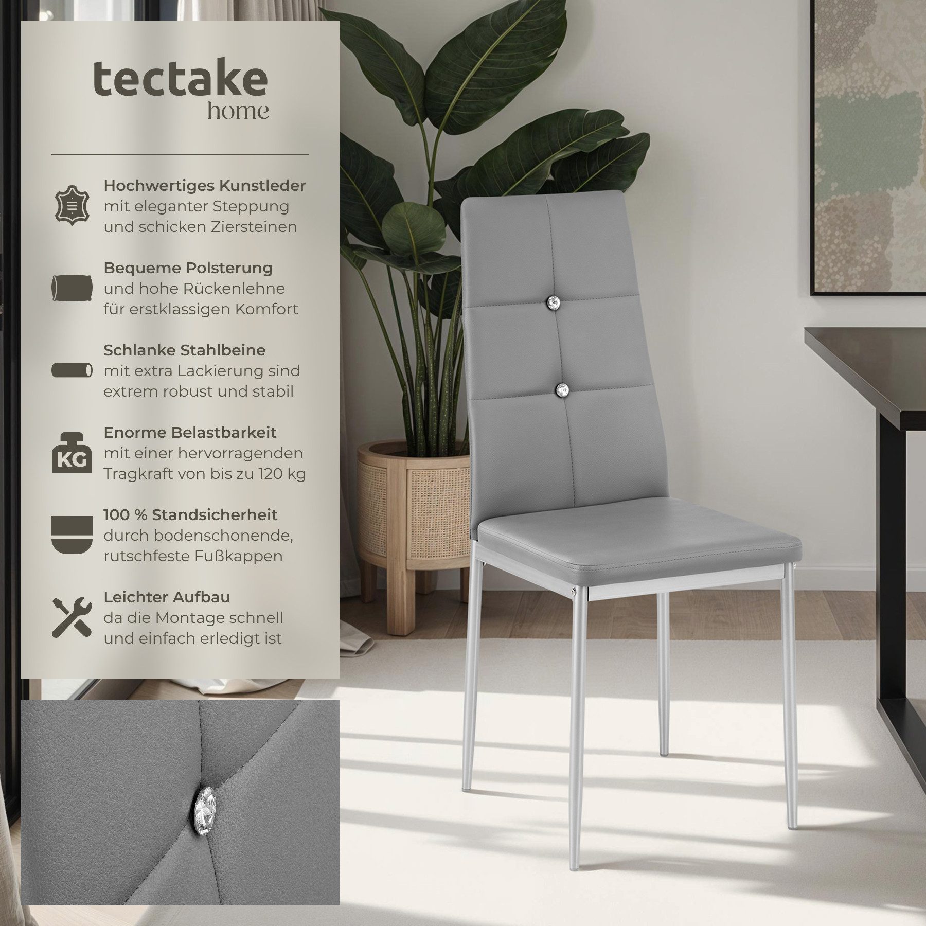 tectake Esszimmerstuhl Küchenstühle, Kunstleder mit Glitzersteinen (Set, 8 günstig online kaufen