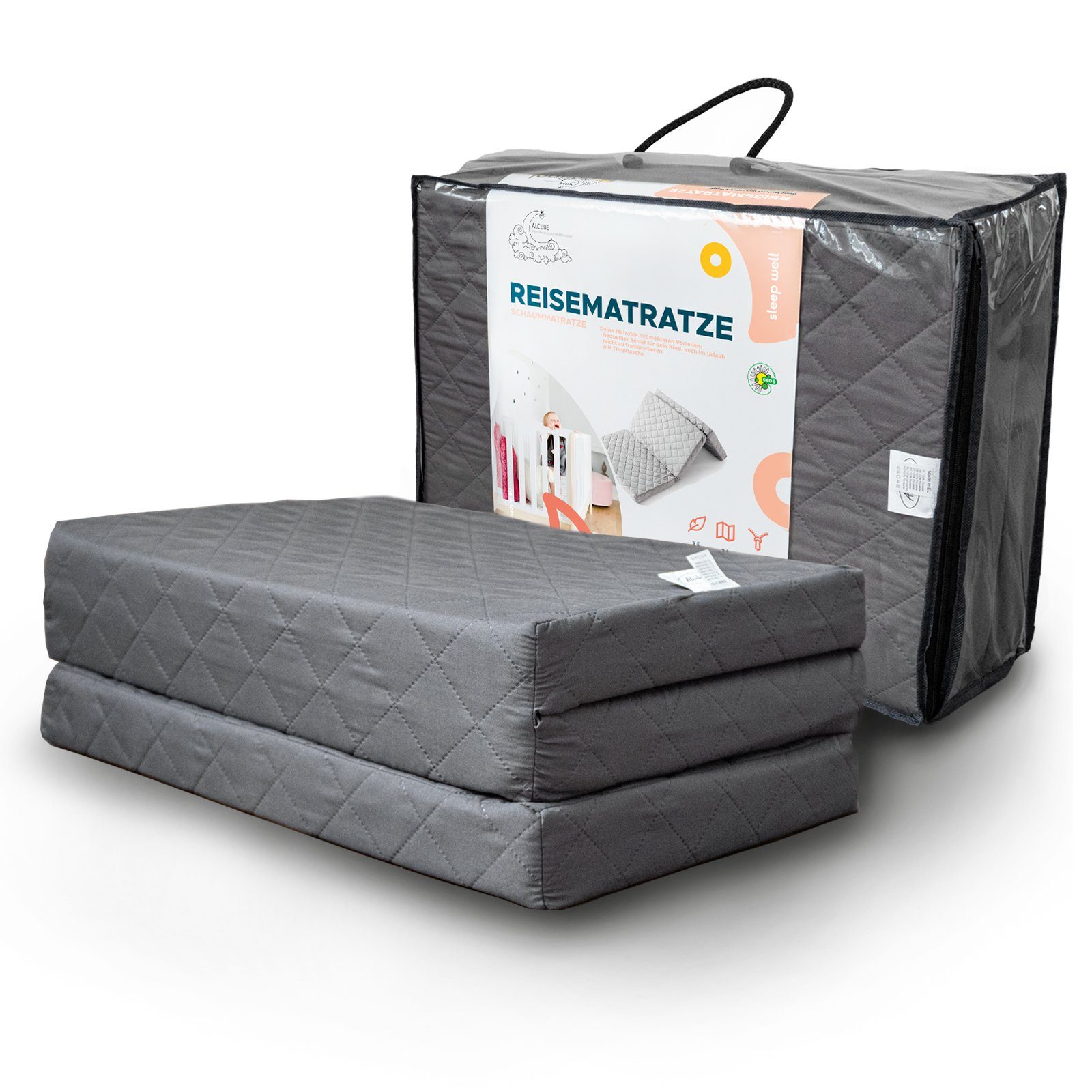 Reisebett-Matratzen TO GO I Premium Faltmatratze zum Campen Reisebettmatratze, Alcube, 7 cm hoch, (Reisebett Matratze 60x120 cm faltbar I Gästebett Matratze Klappbar), für Baby Gästematratze Klappmatratze