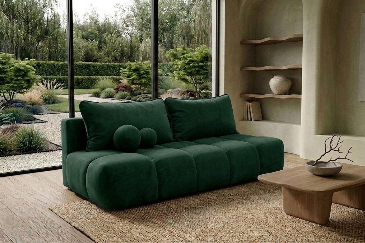 Kaiser Möbel Sofa mit Schlaffunktion, Bettkasten und Velvet-Stoff Bluvel COCO, Mit Schlaffunktion,Liegefläche 200 × 150 cm,Inklusive zwei Dekokissen