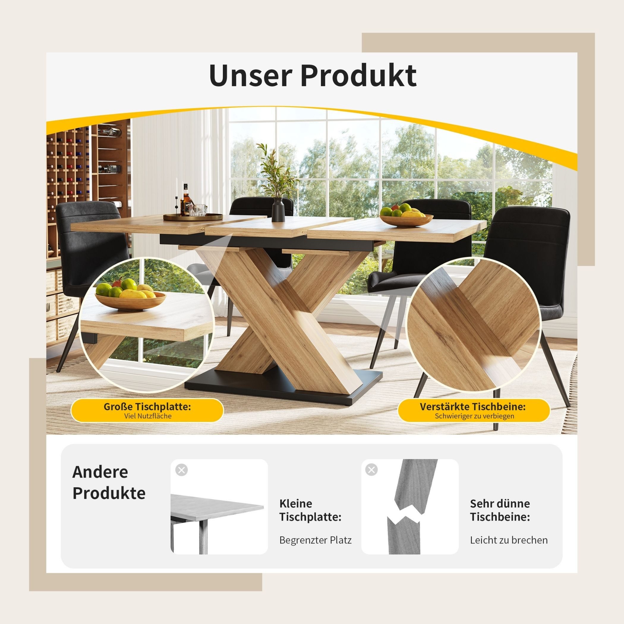 SeedWave Esstisch Ausziehbarer Esstisch (119-158 cm), Design mit X-förmigen Beinen, Für 4-6, Stauraum unter der Tischplatte, Verstellbare Fußpolster