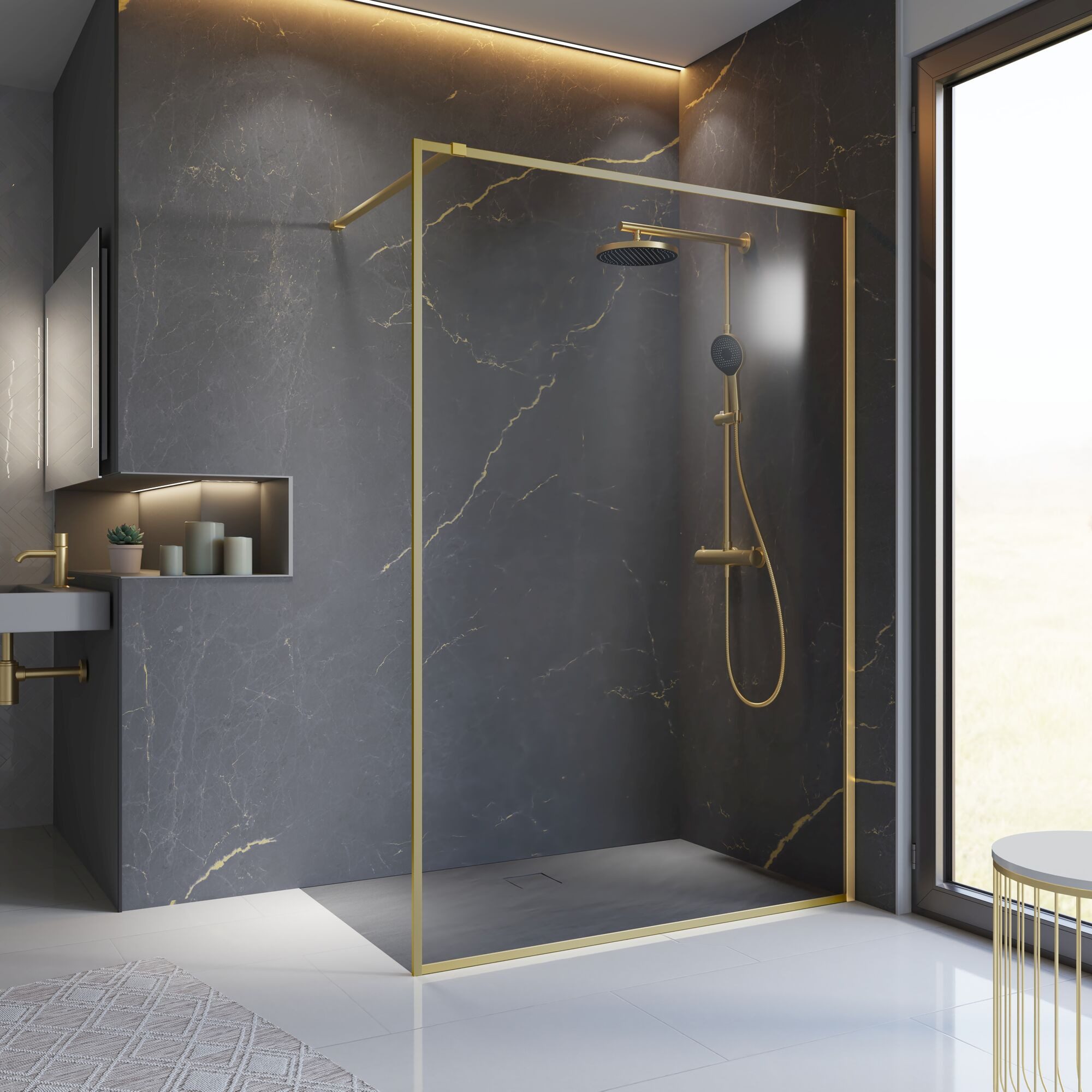 Schulte Walk-in-Dusche Trend 2.0, vollgerahmte Glaswand aus, Sicherheitsglas, mit fixil Glasversiegelung, Profil: Goldoptik matt, Offene Duschkabine