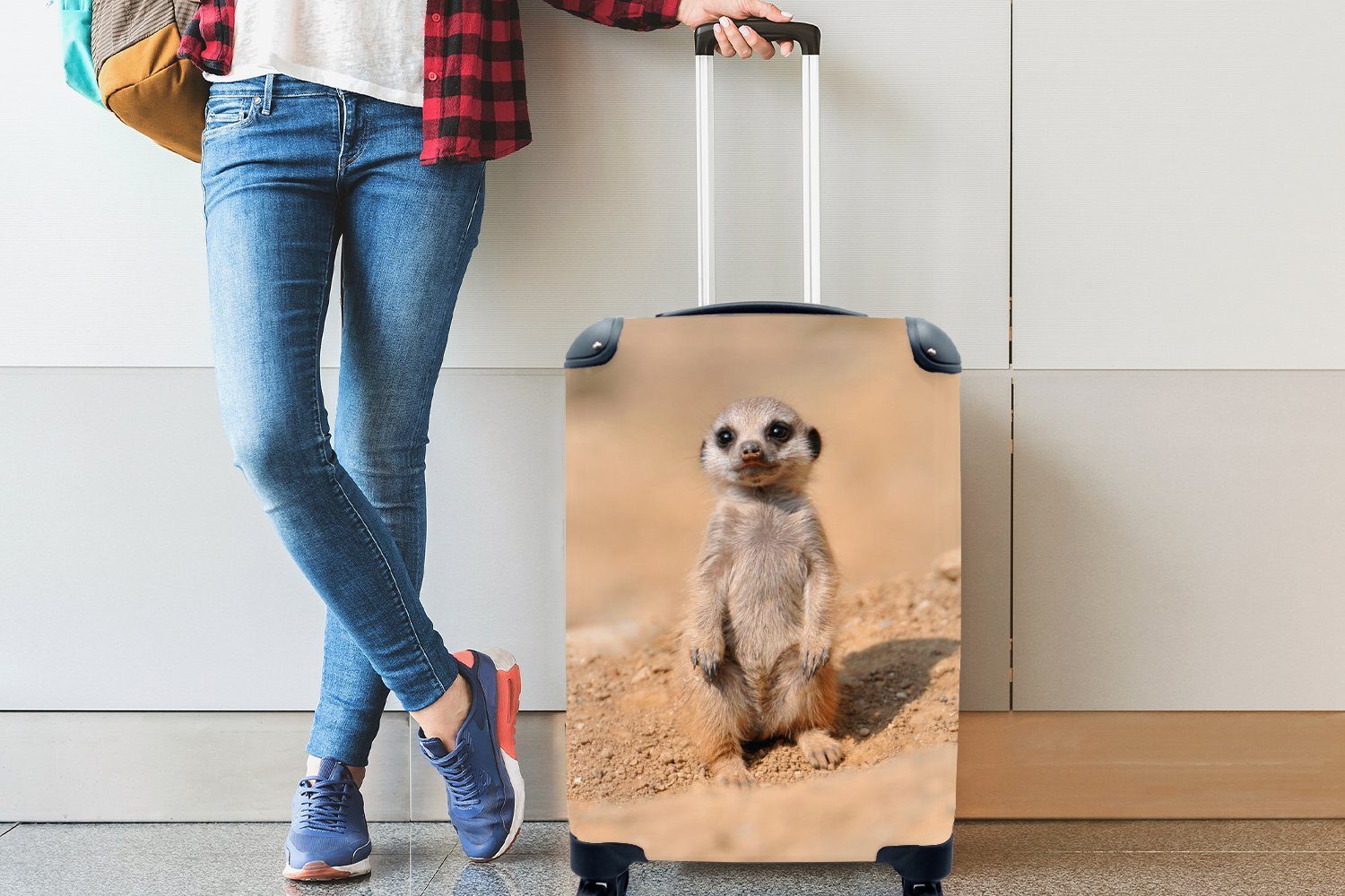 MuchoWow Handgepäckkoffer Erdmännchen - Baby - Reisekoffer Rollen, Trolley, für Handgepäck Ferien, Sand, rollen, Reisetasche 4 mit