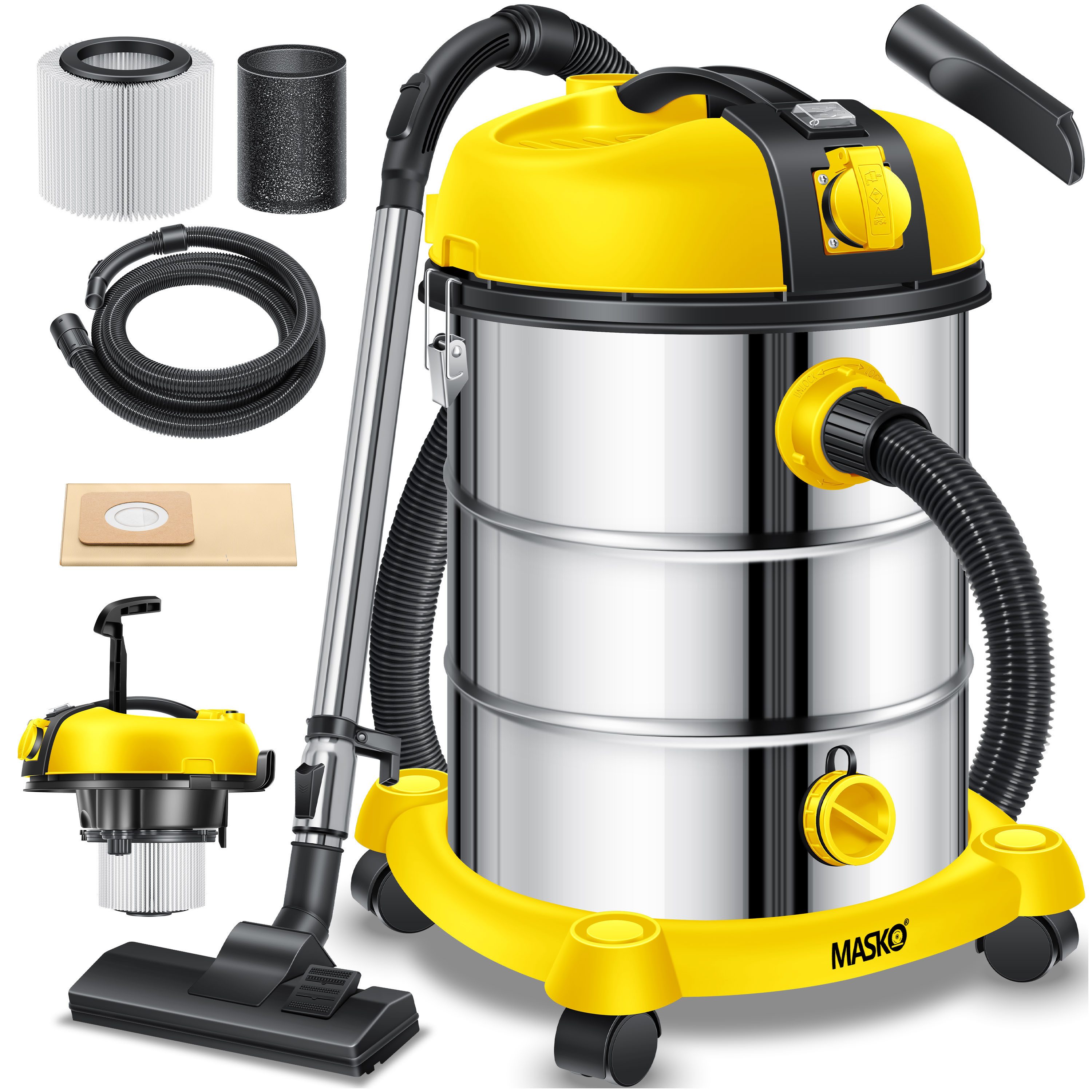MASKO Industriesauger, 2300 W, Nass- & Trocken Saugen inkl. Beutel, HEPA Filter + Aufsätze