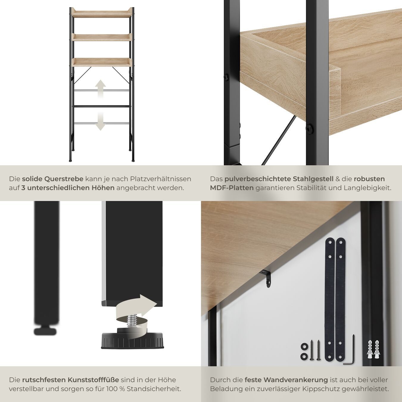 tectake Badregal Badezimmerregal, inklusive Kippschutz, ausgestattet mit 3 Ablagen, Duschablage Seattle 1-tlg., Industrial Style, Holz und Stahl, höhenverstellb – Bild 4 von 5