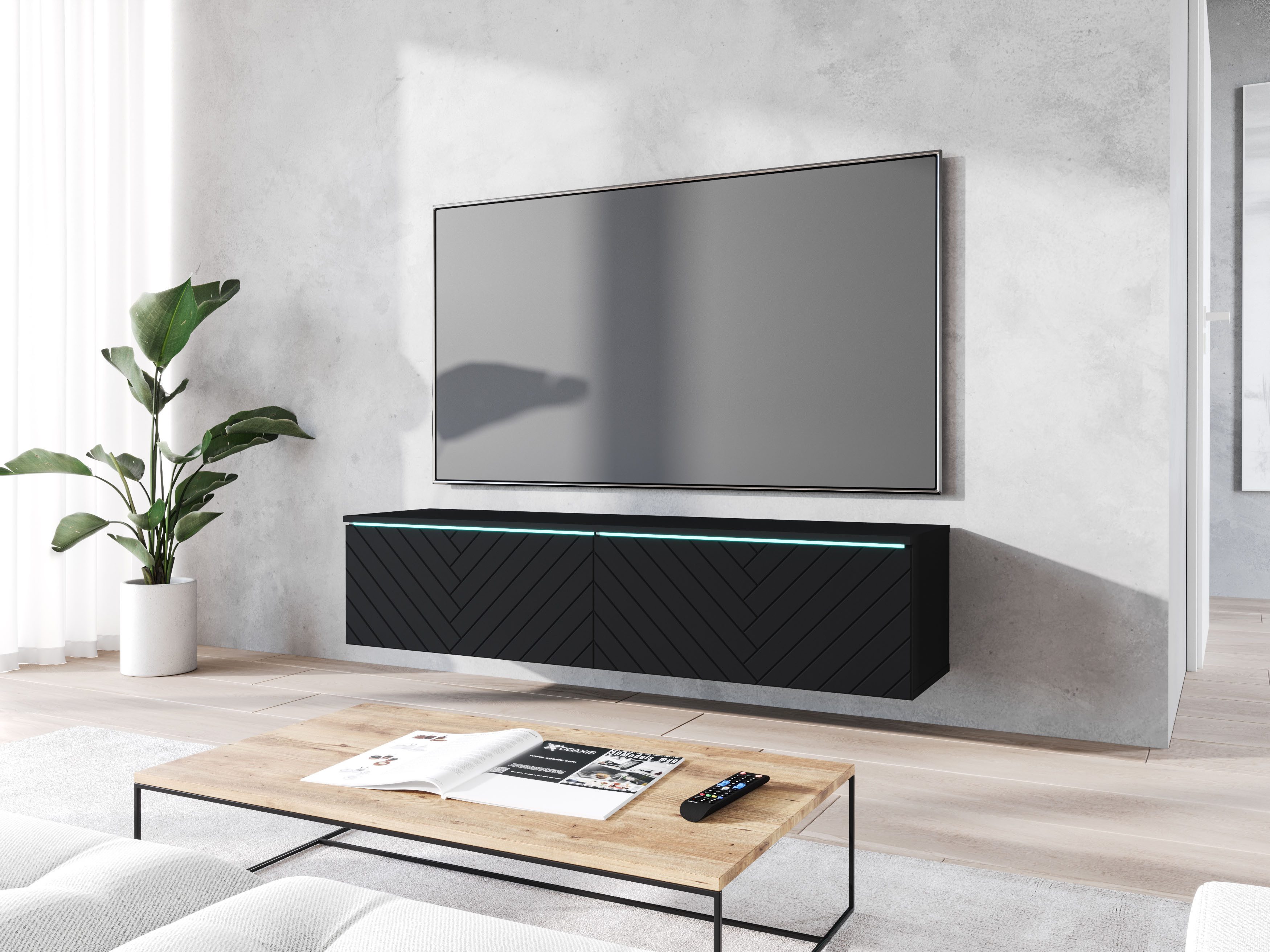 Home affaire Lowboard wahlweise mit oder ohne Beleuchtung (1 St), 140 cm TV-Board ohne Griffe, mit viel Stauraum, stehend und hängend