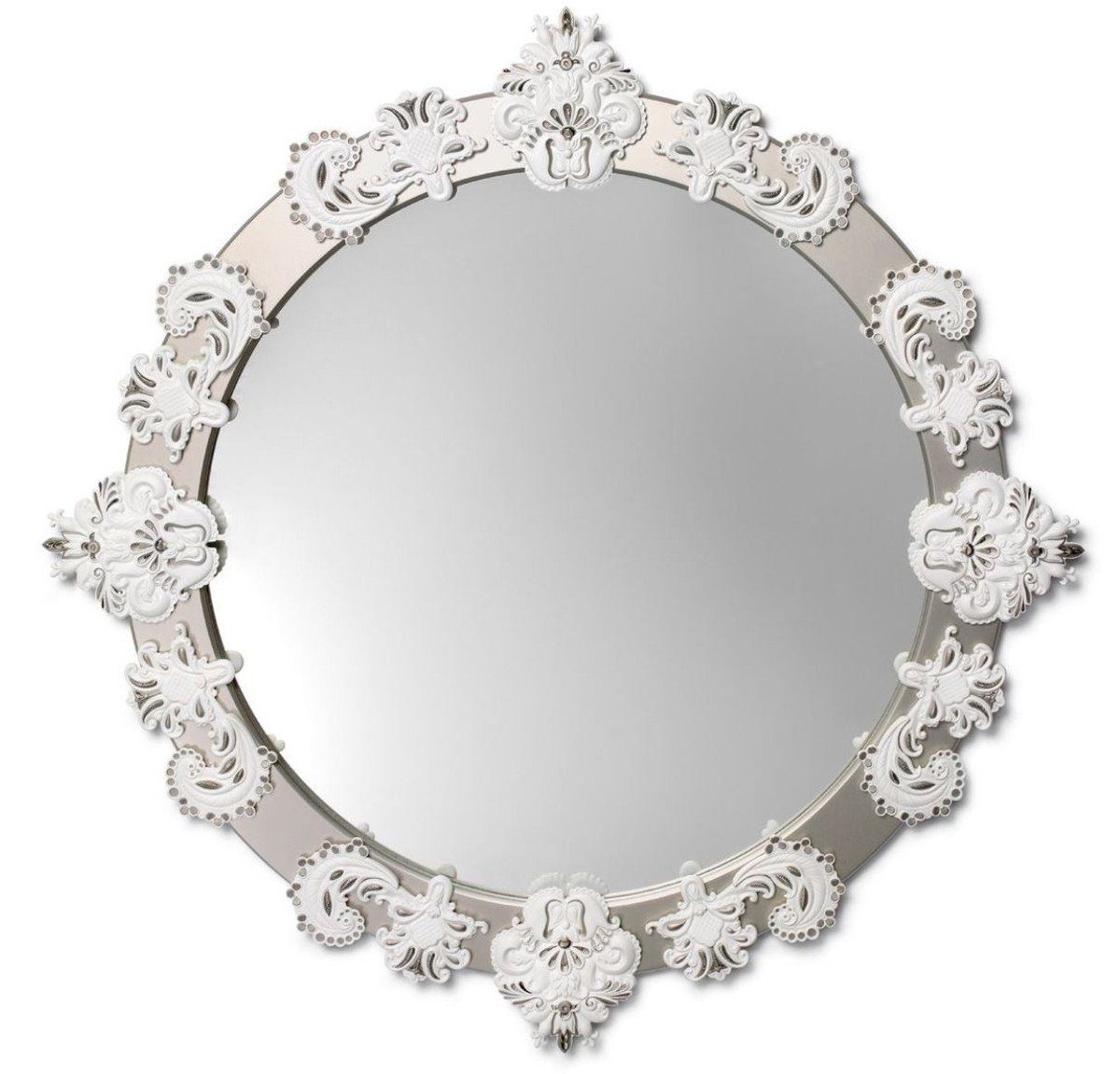 Casa Padrino Wandspiegel Designer Wandspiegel Silber / Weiß Ø 124 cm - Luxus Spiegel mit handgefertigter Porzellan Deko aus feinstem Spanischen Porzellan