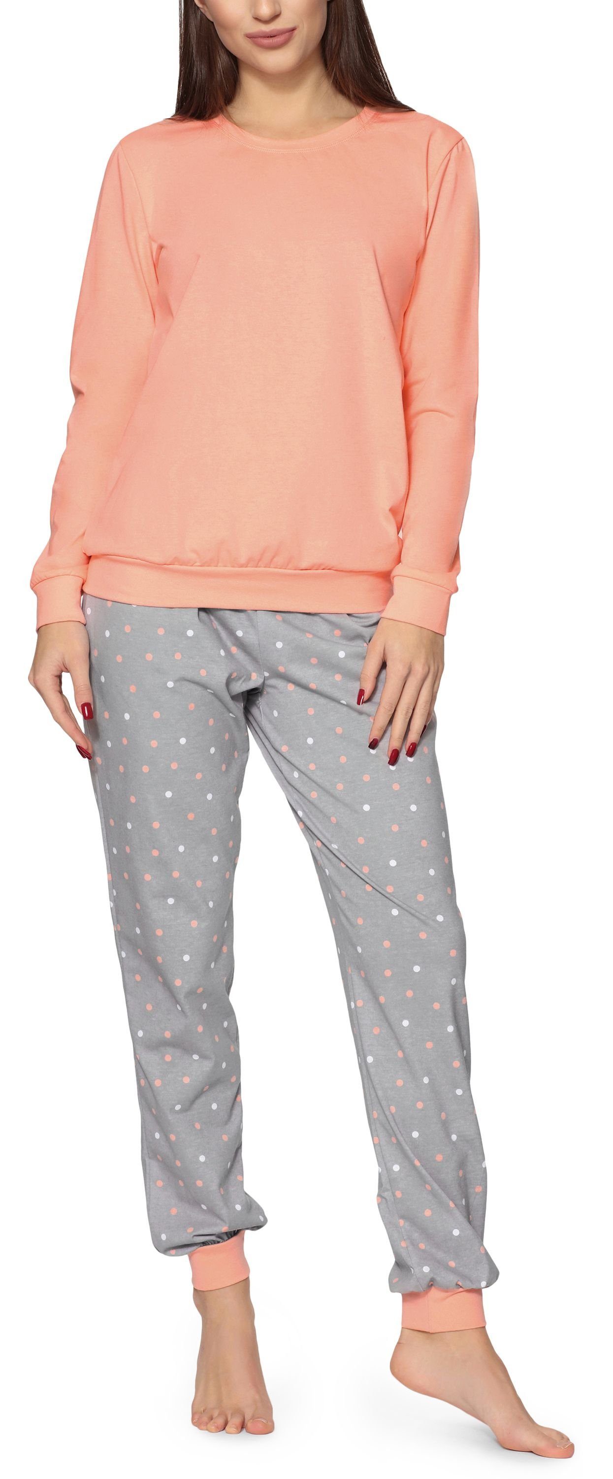 Merry Style Schlafanzug Damen Schlafanzug Zweiteiler Pyjama lang bunt mit Muster MS10-268 Lachs/Grau