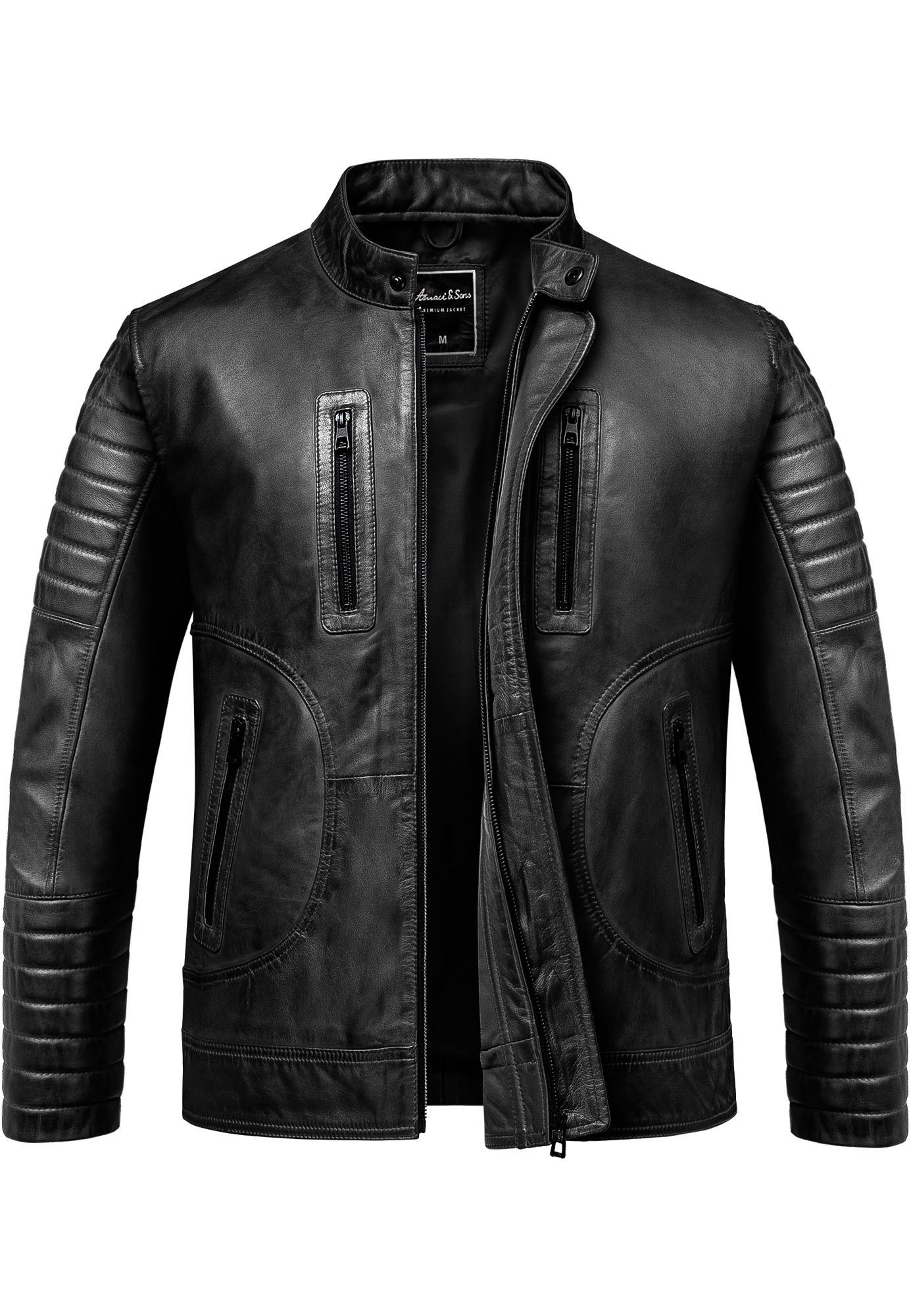 Amaci&Sons Lederjacke EUCLID Lederjacke Echtleder Herren Biker Zipper Jacke Schwarz | Übergangsjacken