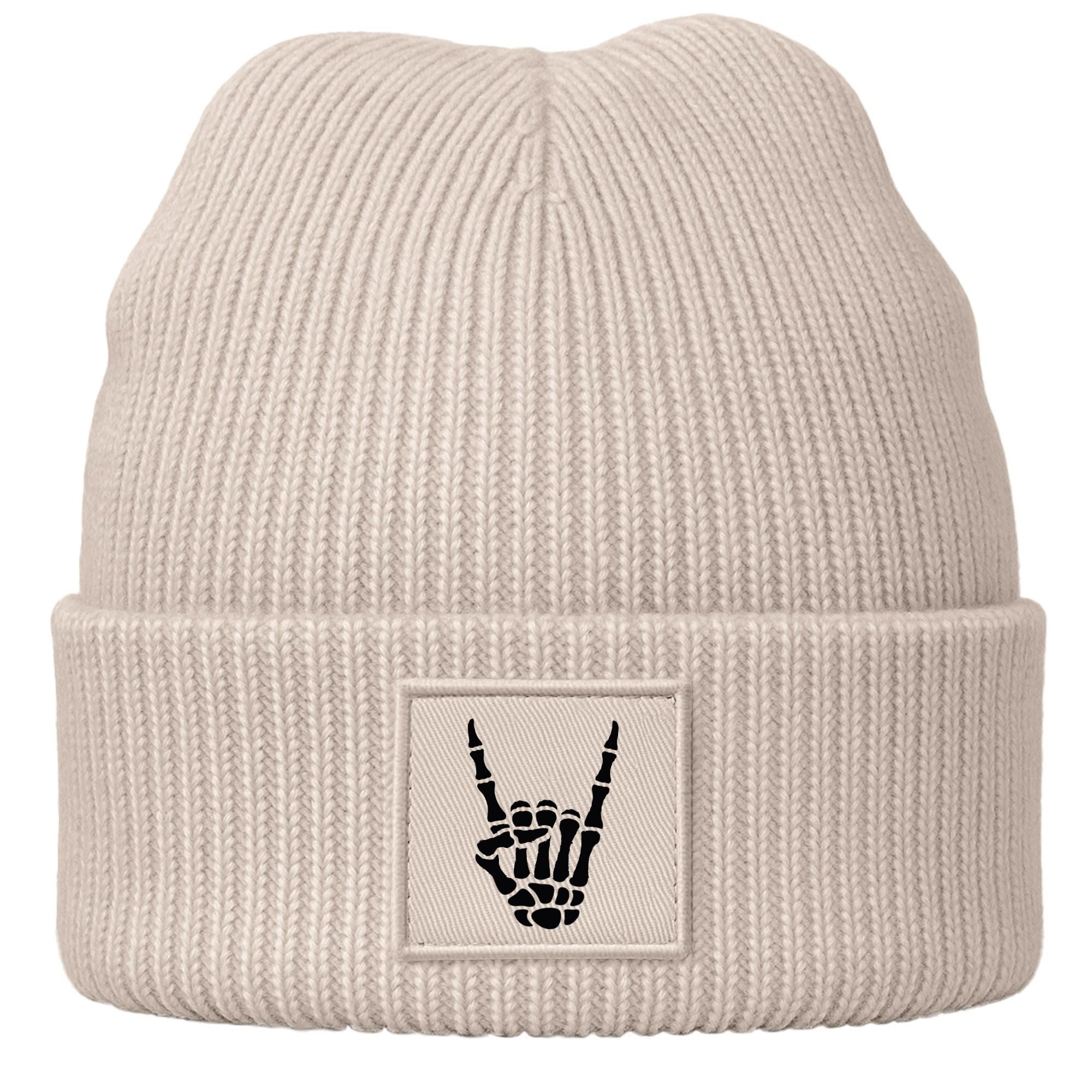 Strickmütze Damen Beanie mit Aufdruck Skeletthand Wintermütze Frauen Strickmütze