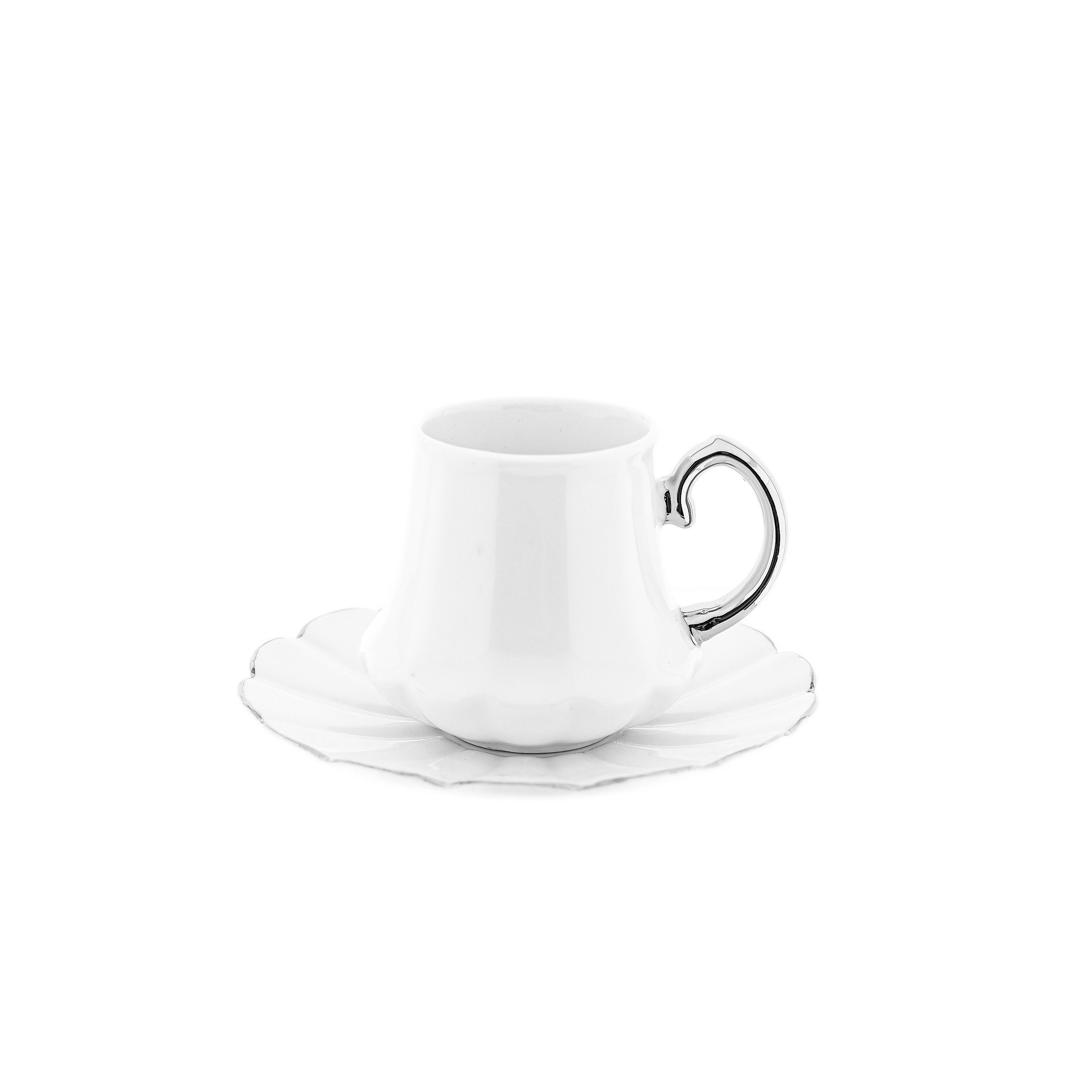 Mulex Kaffeeservice 12-teiliges Mokkatassen-Set aus Porzellan - Weiß & Silber, 100 ml (12-tlg), 6 Personen, Porzellan, 6x Mokkatassen, 6x Untertassen