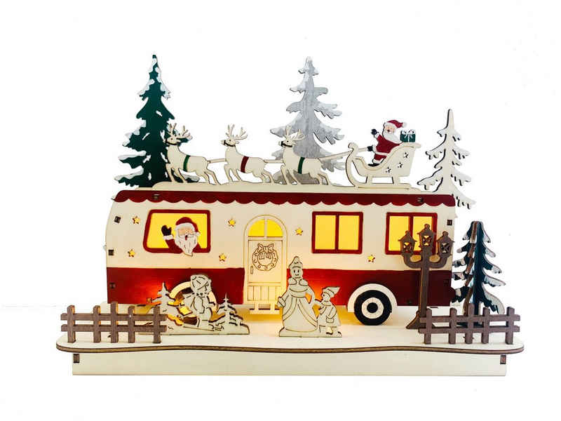 IC Winterworld Weihnachtsfigur LED Camper Weihnachten aus Holz mit warm-weißen Lichtern beleuchtet, teillackiert, ca. 26 x 19 cm lang, mit Weihnachtsmann und Rentieren