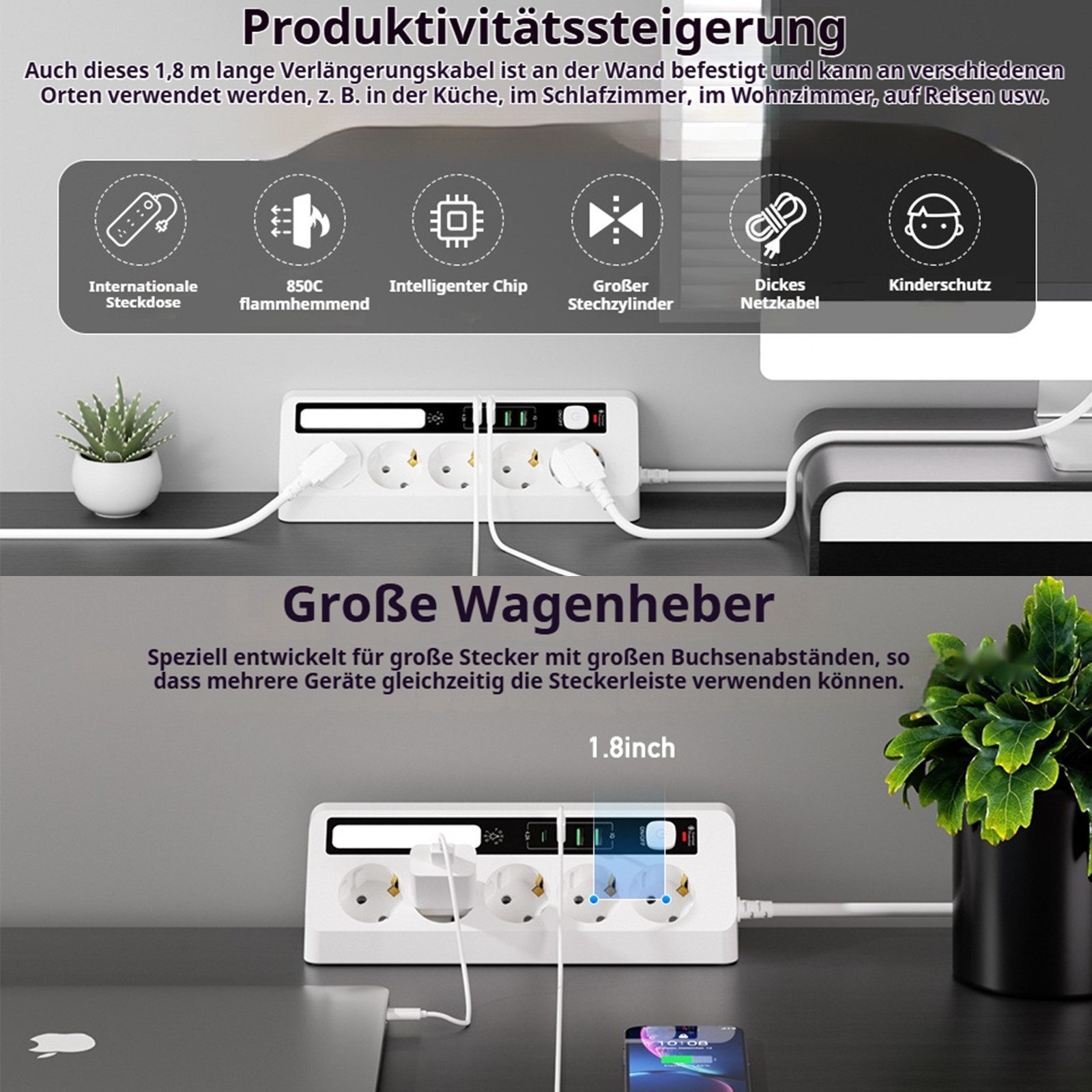 VIVIHEYDAY Mehrfachsteckdose mit Hauptschalter, 5-fach (Ein- / Ausschalter Steckdosenleiste (Schalterbeleuchtung, USB-Anschlüsse, Kabellänge 1.8 m), Haushaltsladesteckdose