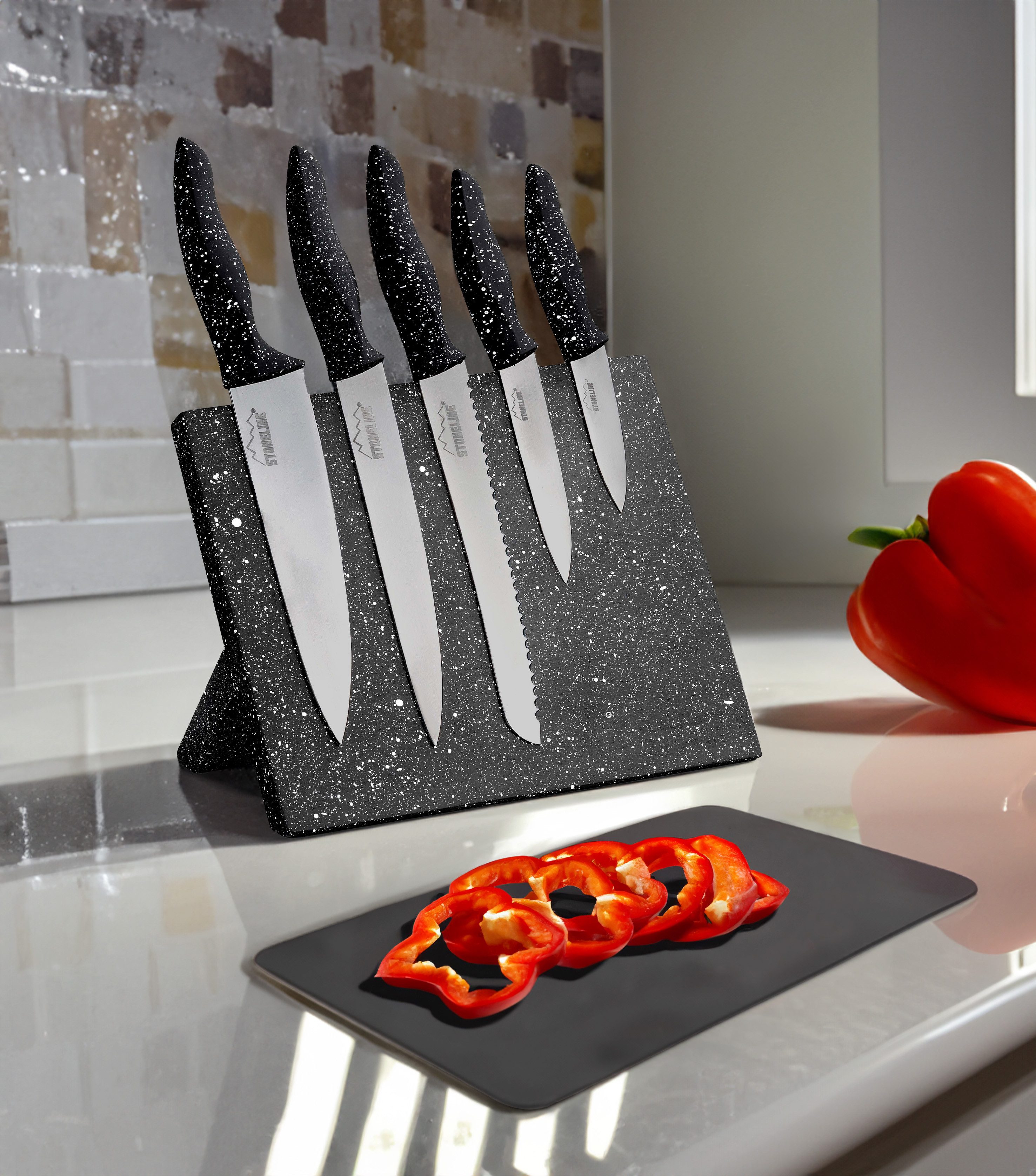STONELINE Messer-Set Magnet Messerblock, bestückt, 6-teilig, mit klappbarem Ständer (5-tlg), rostfreier Edelstahl mit Titanbeschichtung, Designed in Germany
