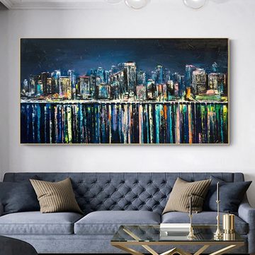 TPFLiving Kunstdruck (OHNE RAHMEN) Poster - Leinwand - Wandbild, Nacht bunte Stadt Gebäude Landschaft Öl Leinwand Malerei (Leinwandbild XXL), Farben: Rot, Weiß, Schwarz, Blau, Orange, Rosa -Größe: 20x40cm