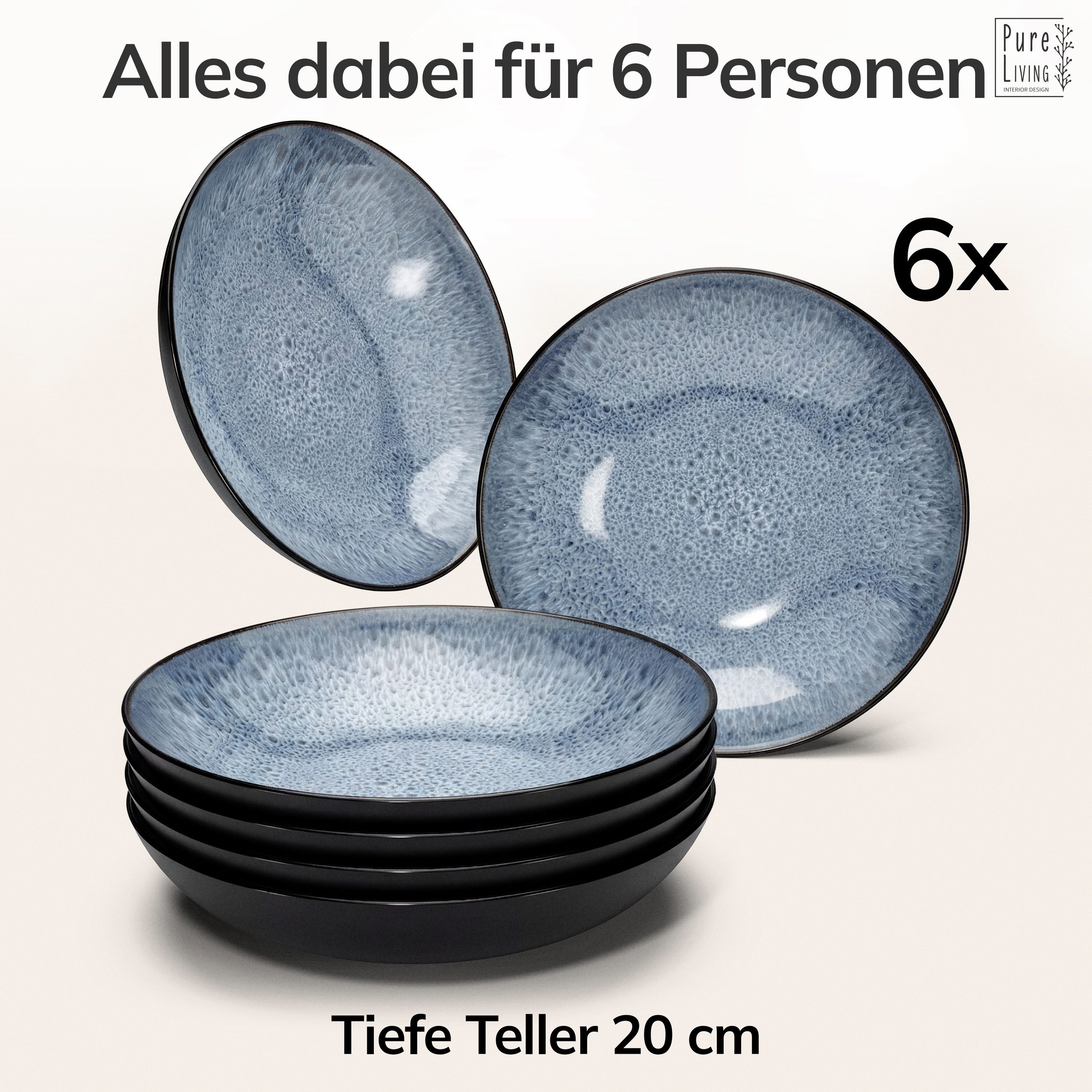 PURE LIVING INTERIOR DESIGN Geschirr-Set Ibiza, 6er-Set Suppenteller, 20 cm, Riffelstruktur, Graublau (6-tlg), 6 Personen, Steingut – Bild 5 von 5