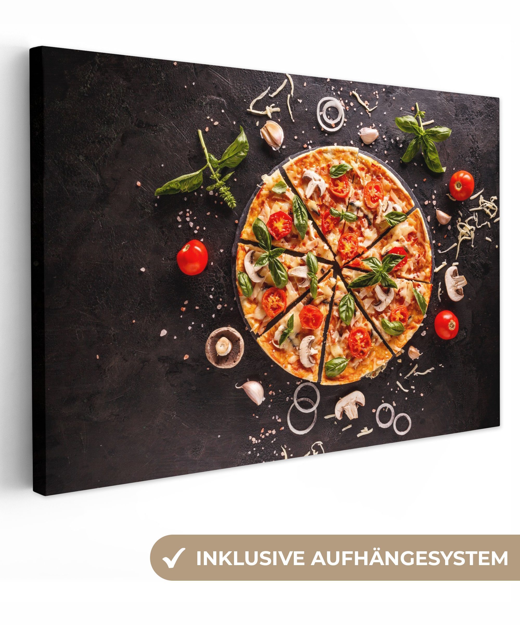 OneMillionCanvasses® Leinwandbild Pizza - Gemüse - Kräuter - Küche - Industrie, Fotodruck (1 St), Wandbilder für Esszimmer, Wanddeko Bilder Küche, 30x20 cm