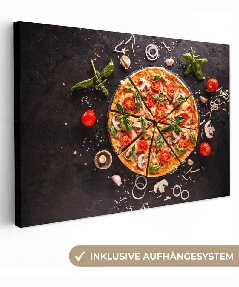 OneMillionCanvasses® Leinwandbild Pizza - Gemüse - Kräuter - Küche - Industrie, (1 St), Wandbild Leinwandbilder, Aufhängefertig, Wanddeko, 30x20 cm