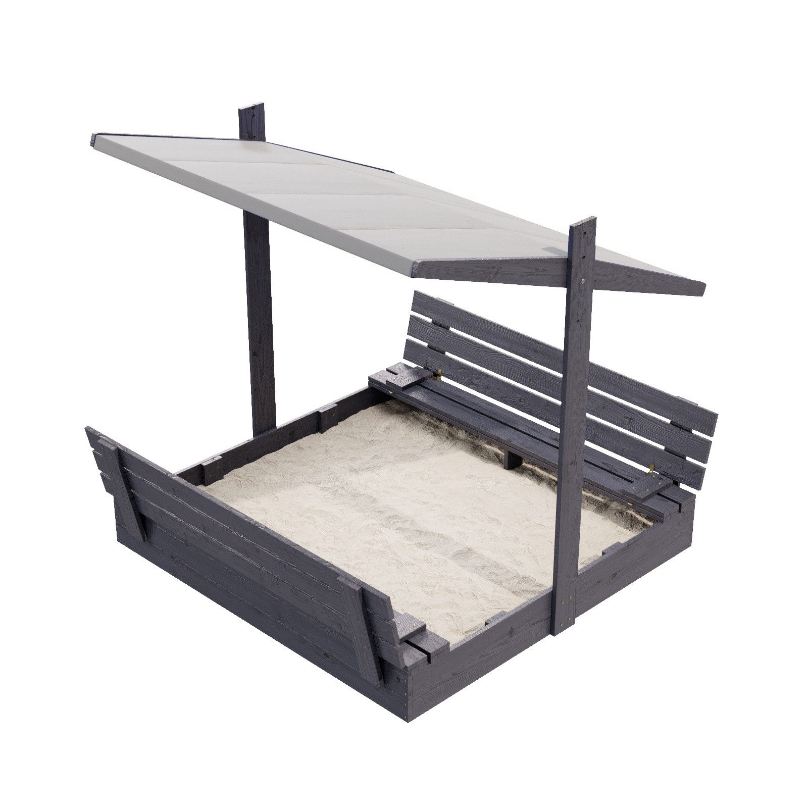 QLS Sandkasten aus Holz 150 cm mit Sitzbank und Dach, ind Anthrazit Farbe imprägniert 152 x 148 cm