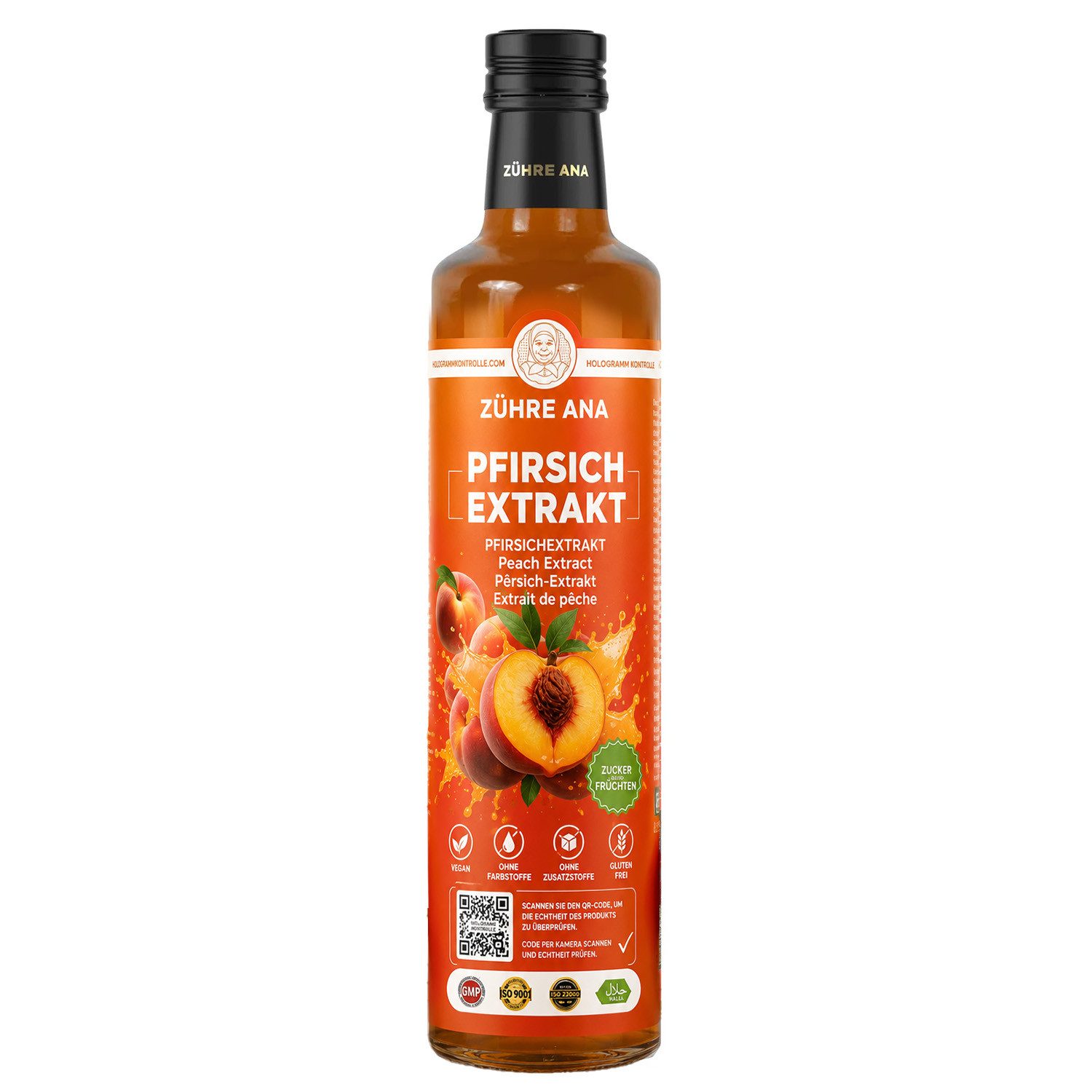 Zühre Ana® Sirup Pfirsichextrakt 640 g – 100 % Frucht, Konzentrat, Natürlich, 640 g, Mischverhältnis: 1+5 Mit charakteristischem natürlichem Aroma und Duft