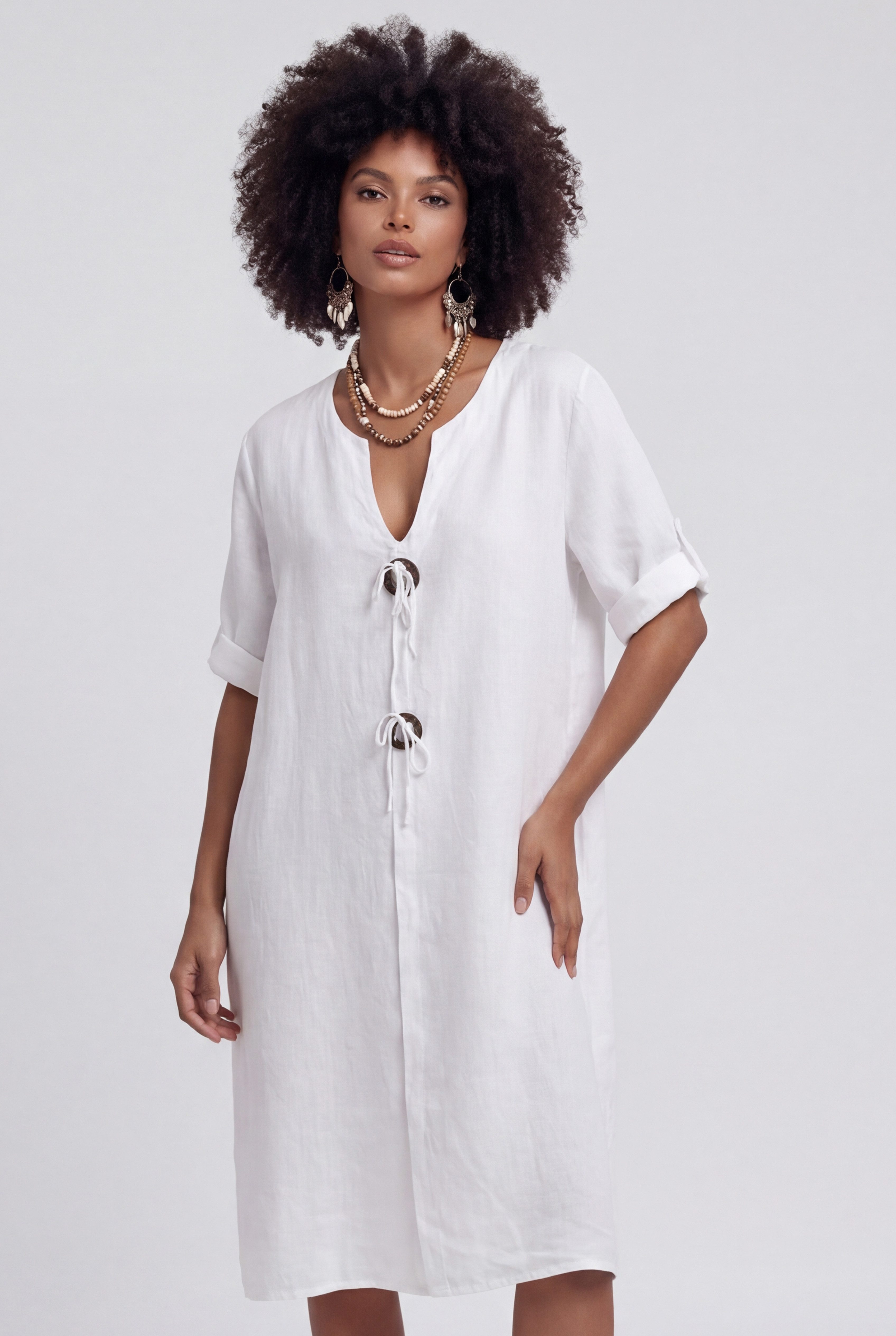 YC Fashion & Style Midikleid Edles Leinenkleid Weiß – 100 % Leinen, One Size 38–44 in Unifarbe
