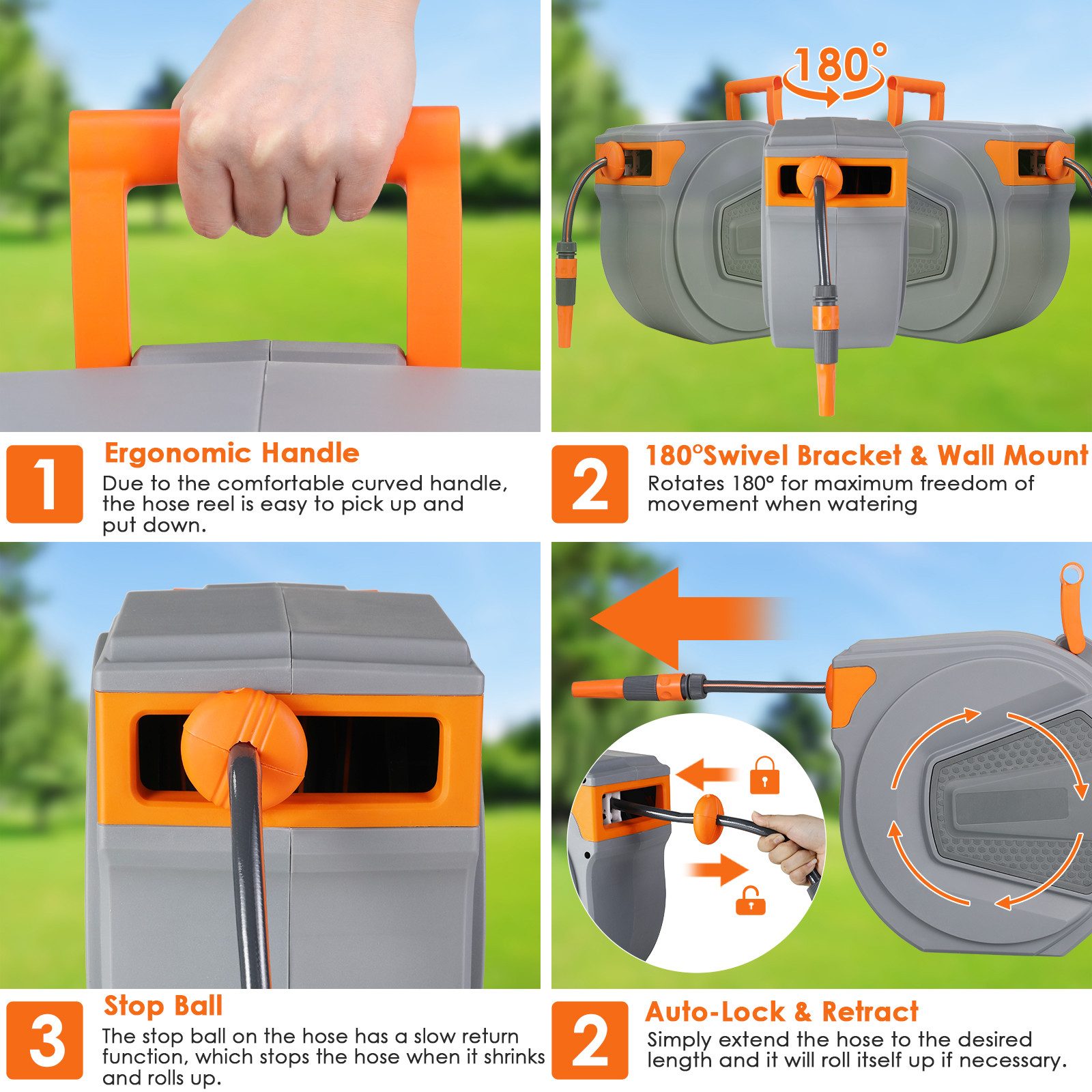 TLGREEN Gartenschlauch Automatischer Schlauchaufroller Wand-Schlauchbox, Schlauchtrommel mit automatischer Aufrollfunktion & Verriegelung, (Grau-Orange & Schwar – Bild 4 von 5