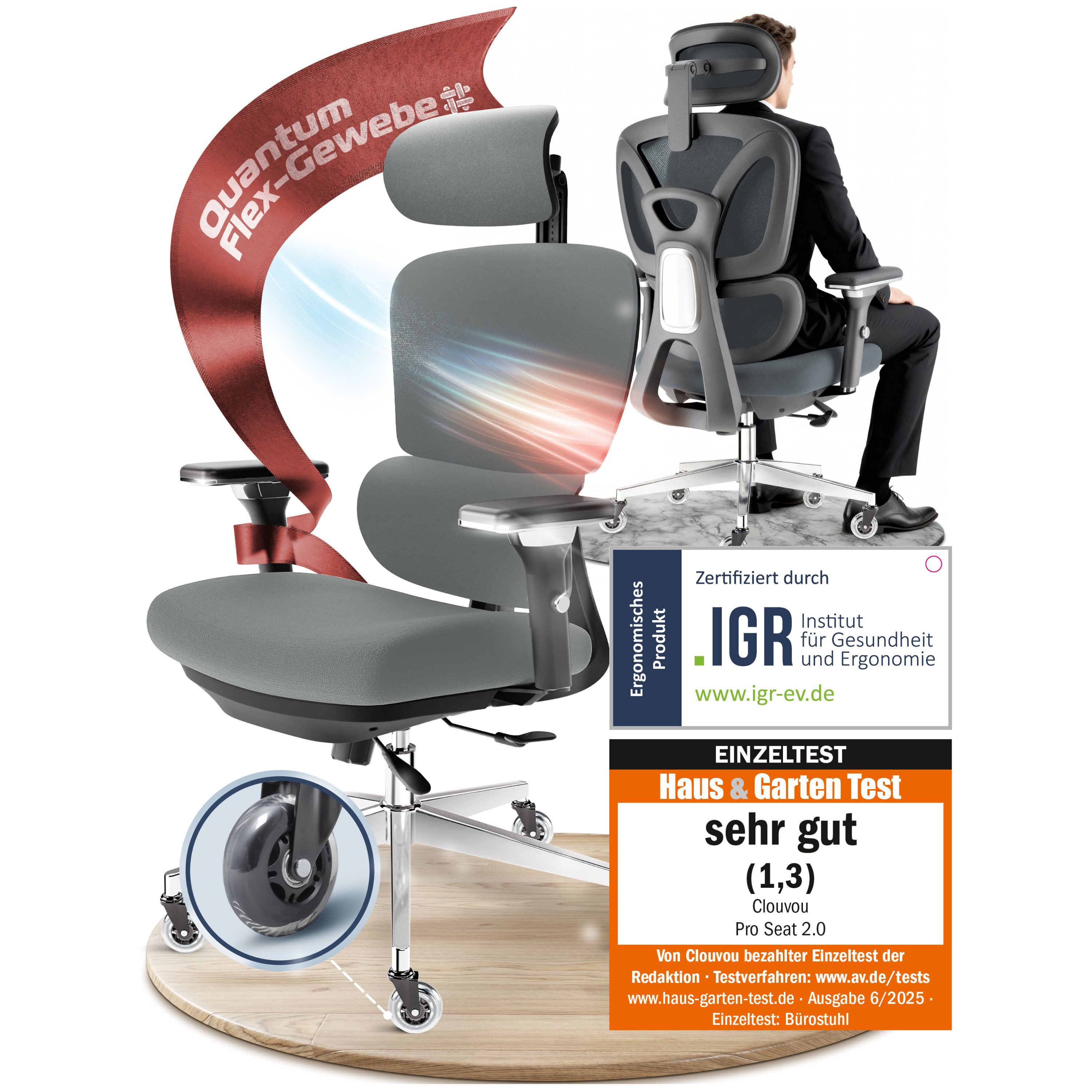 CLOUVOU Bürostuhl Ergonomisch, Schreibtischstuhl bis 150 kg - Testsieger (ProSeat - Chefsessel für Arbeitszimmer, 4D Gaming Armlehnen & 3D Kopfstütze), Blade Wheels, Homeoffice, Gaming Stuhl, Drehstuhl