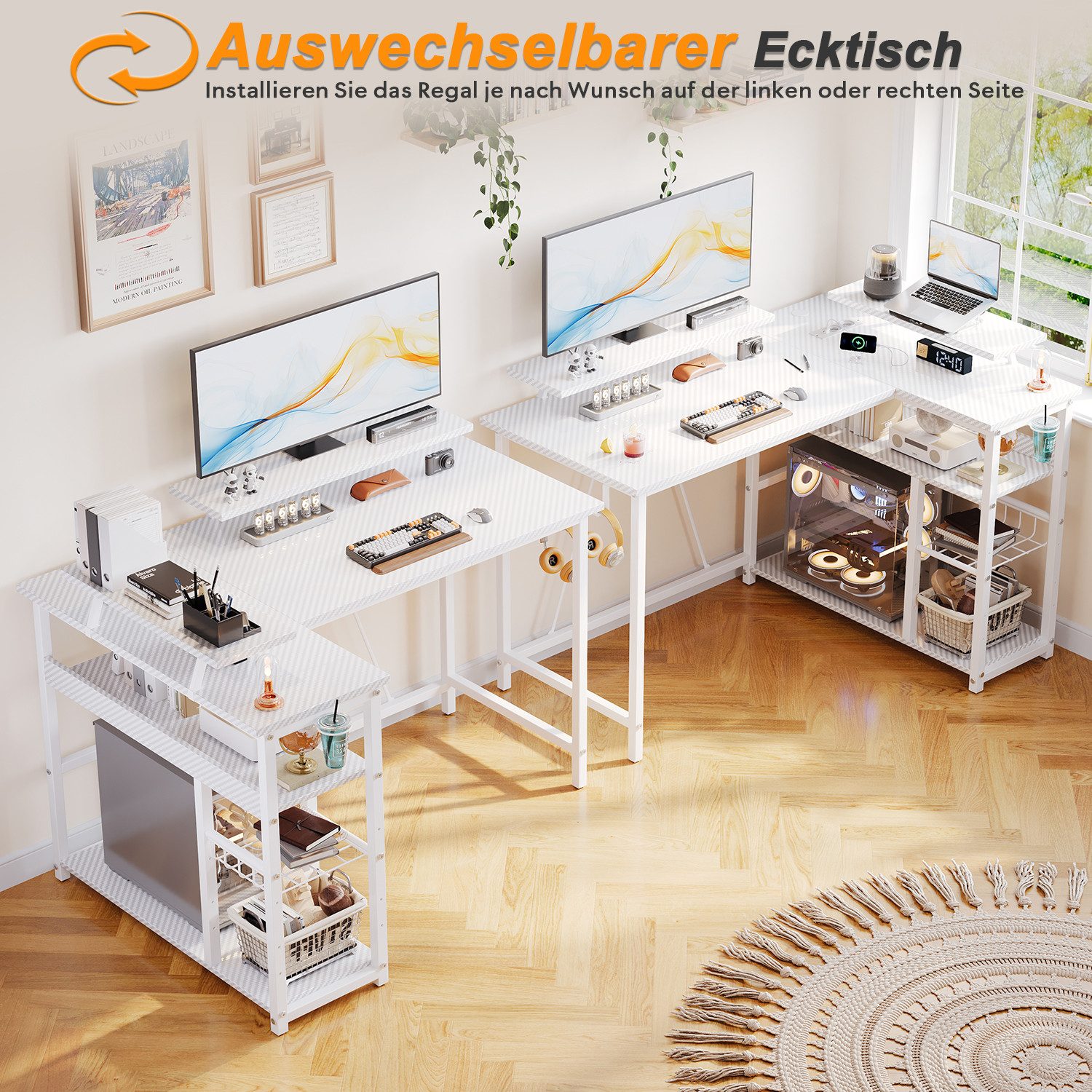 Furnicopia Eckschreibtisch L-förmiger Gaming-Schreibtisch mit Stauraum, Steckdosen und LED (120/140 cm großer Schreibtisch mit zwei Monitorhalterungen, zwei Ablagen, einer verstellbaren Ablage, einem Becherhalter und einem Kopfhörerhalter)
