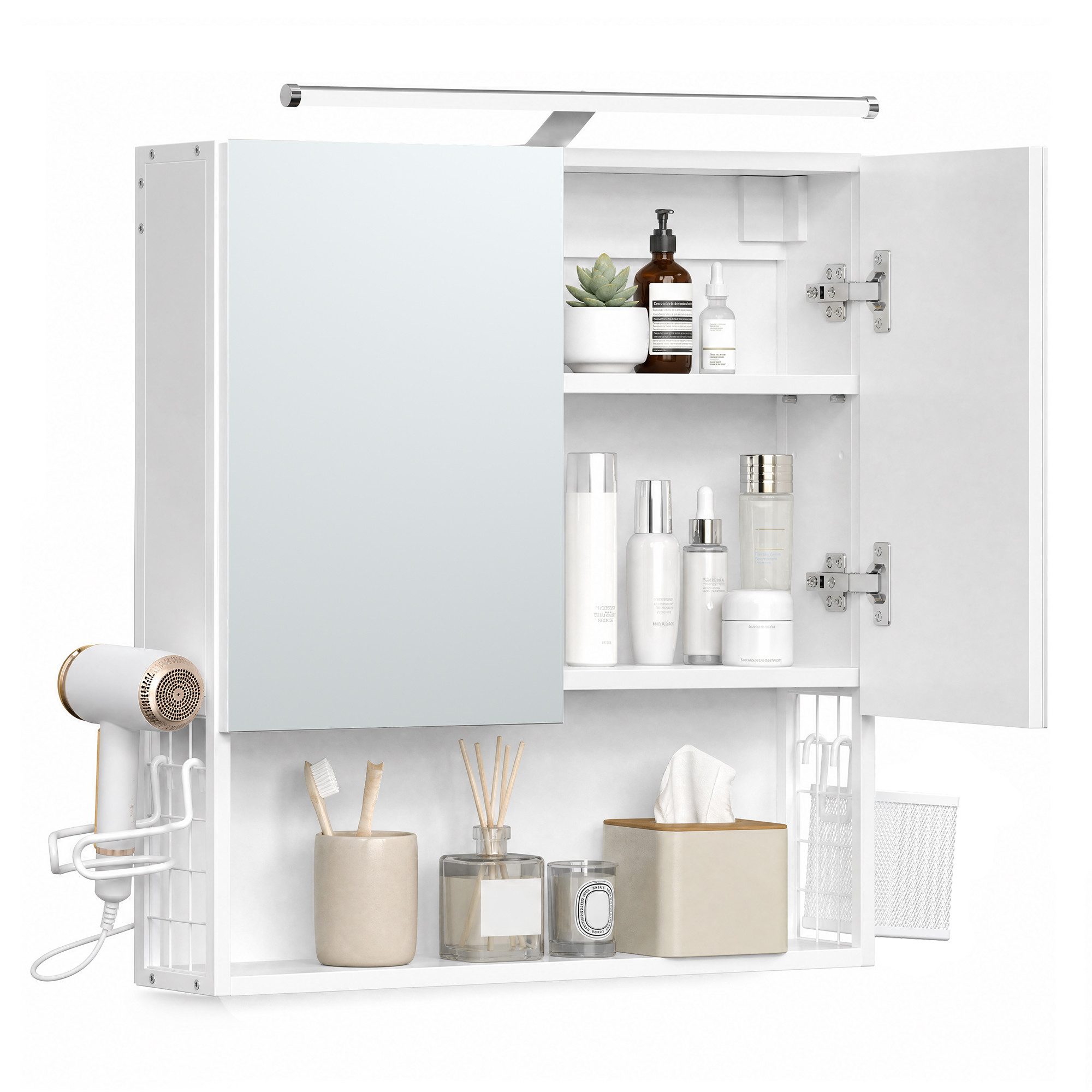 VASAGLE Spiegelschrank Badezimmerschrank, Badschrank, Wandschrank (mit LED-Beleuchtung) mit Stecker, Hängekorb, Haartrockner-Halter