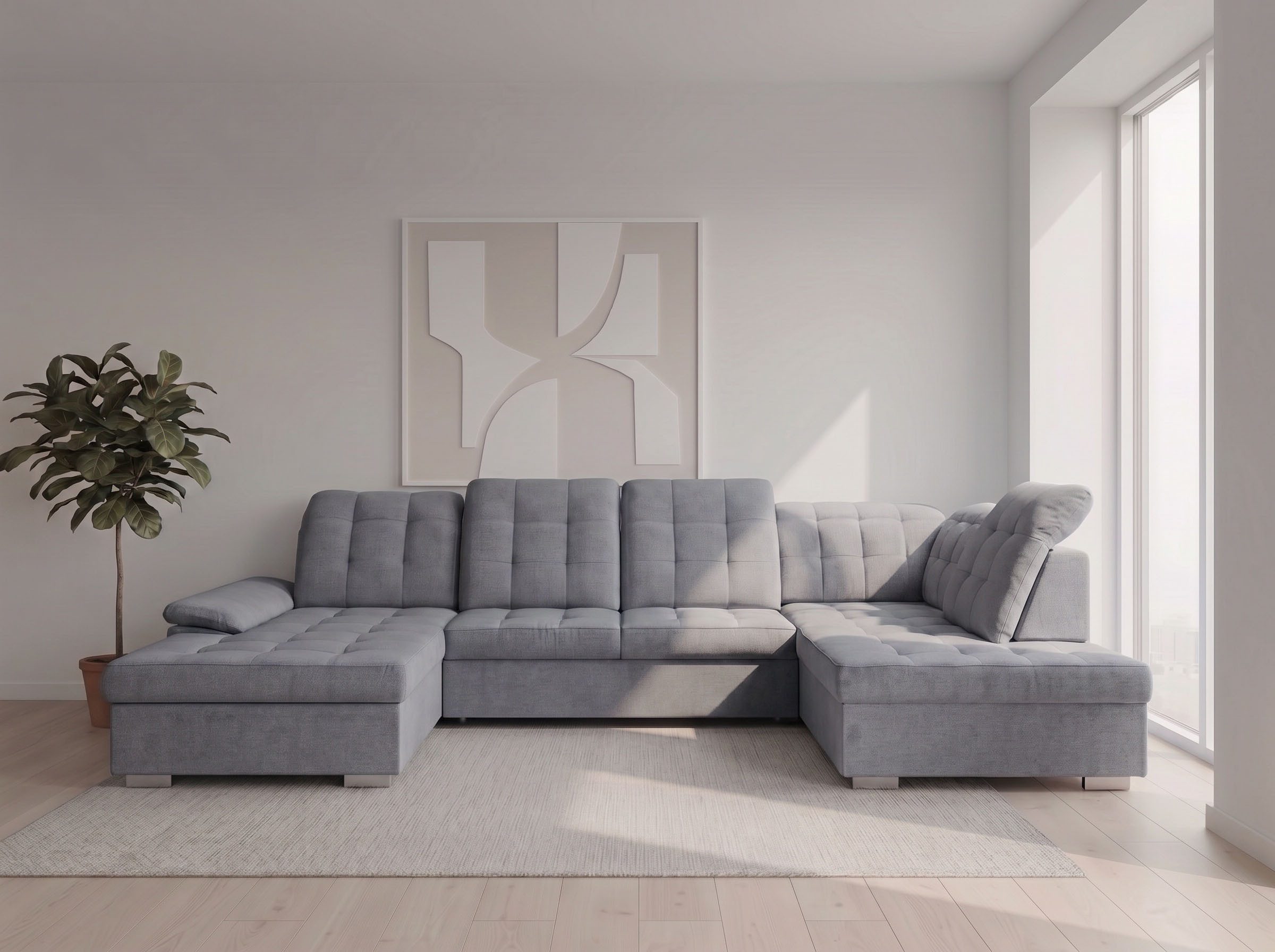 WERK2 Wohnlandschaft Kordula-New 332 x 217 cm Multifunktion Couch modern und bequem, Struktur weich, U-Form, XXL, Sitztiefenverstellung, Schlaffunktion