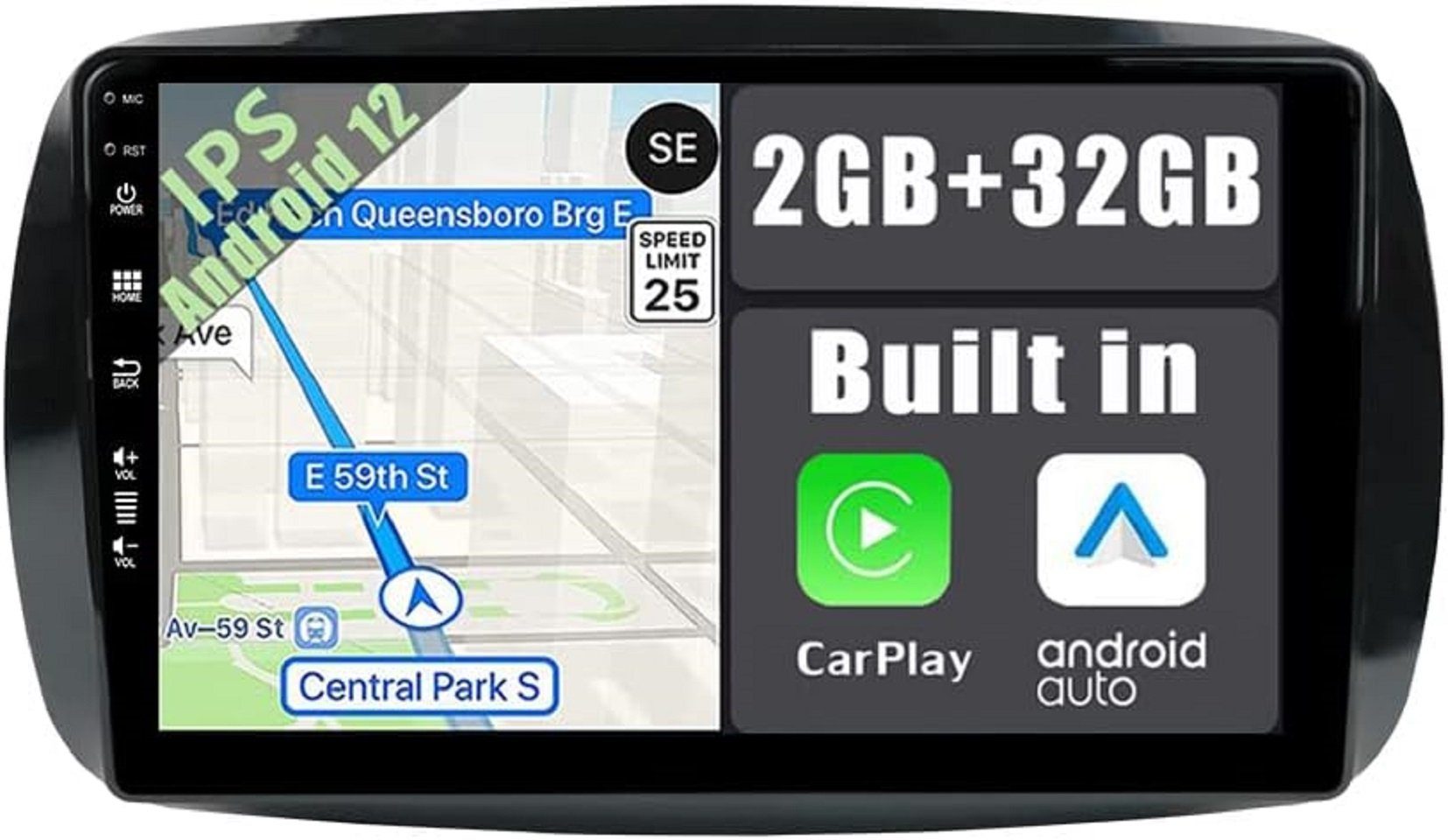 GABITECH für Mercedes Smart Fortwo 2014-2019 9 zoll android 12 Autoradio GPS Einbau-Navigationsgerät