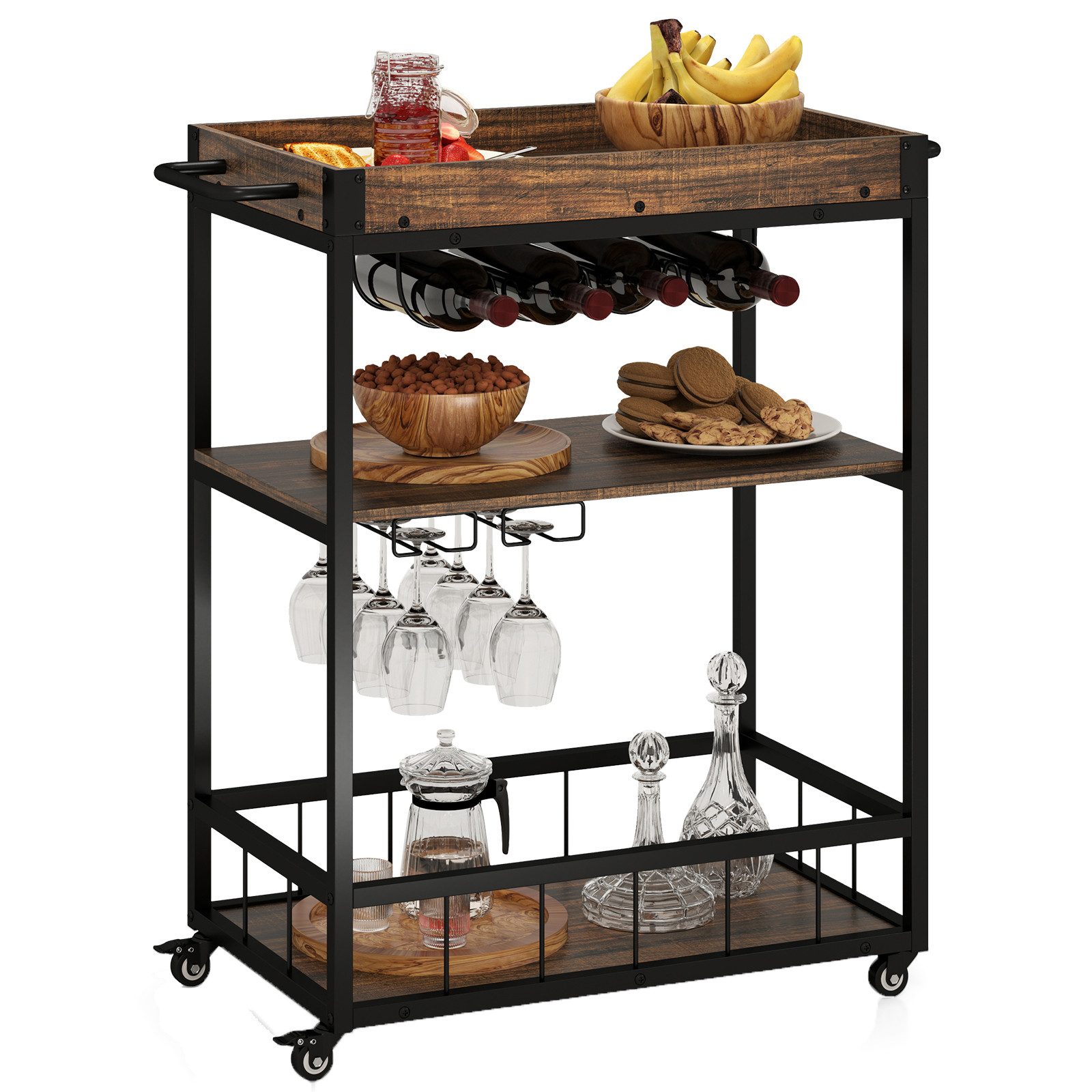 COSTWAY Küchenwagen, 3 Ebenen mit Glashalter, Weinregal & abnehmbarem Table günstig online kaufen