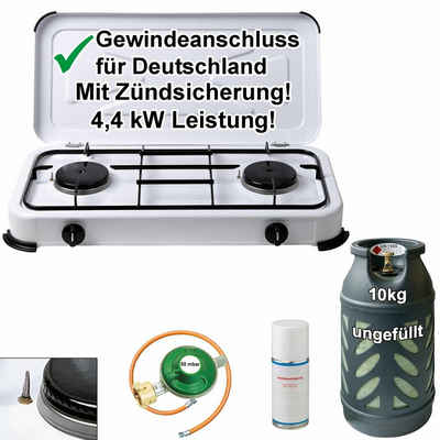 BlueCraft Gaskocher Camping Gas-Kocher 2-flammig mit Zündsicherung, mit Gasschlauch, Gasregler und Gasflasche 10kg, leer