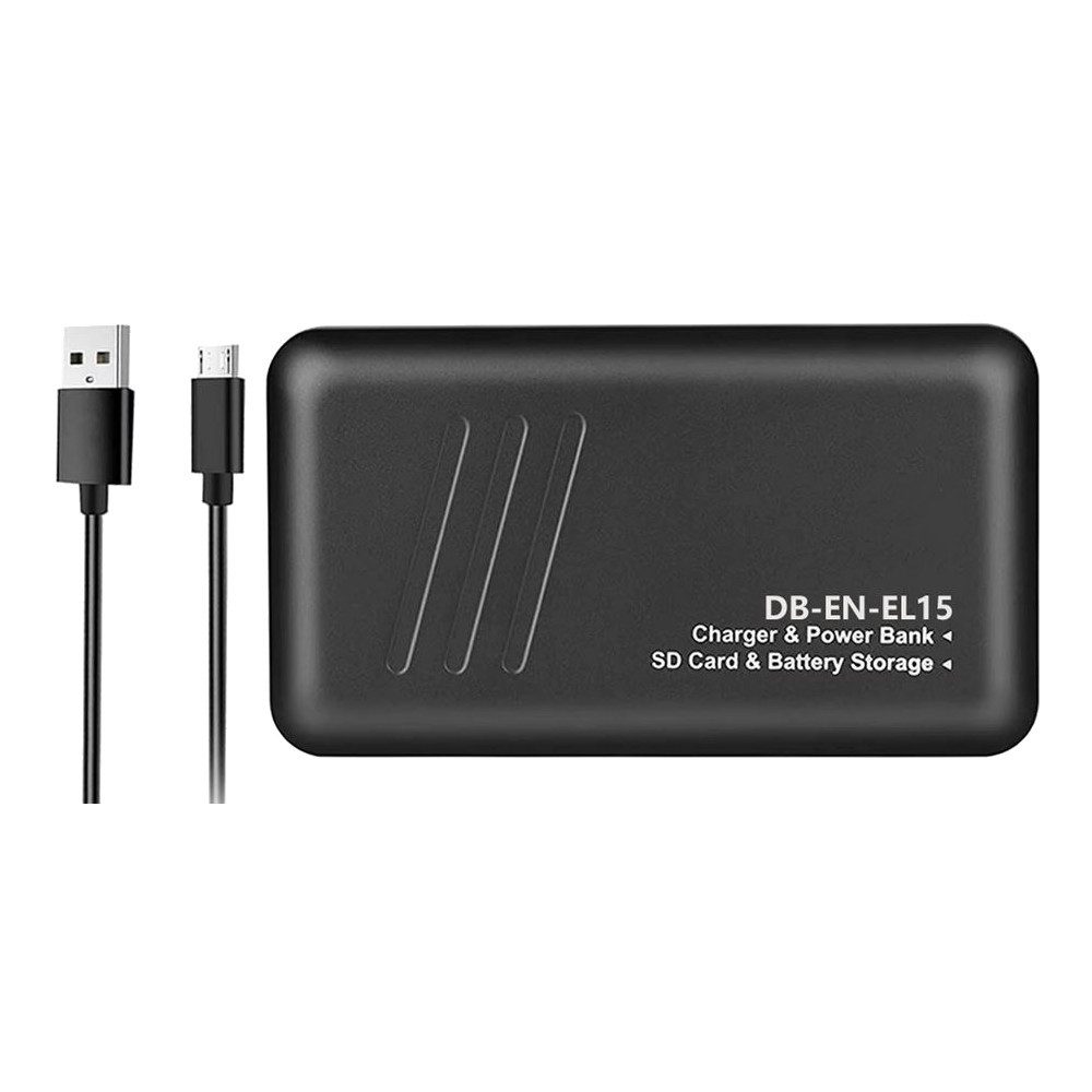 Trade-Shop Dual Lader mit Powerbank-Funktion für Nikon 1 V1, D7000, D7100, D7200 Kamera-Ladegerät (Anschluss über Micro-USB, USB-C oder USB-A / mit Speicherkarten-Slot)